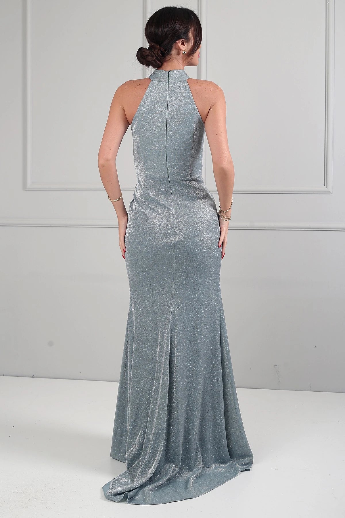 Image of Women's Halter Neck Lined Draped Glitter Long Dress