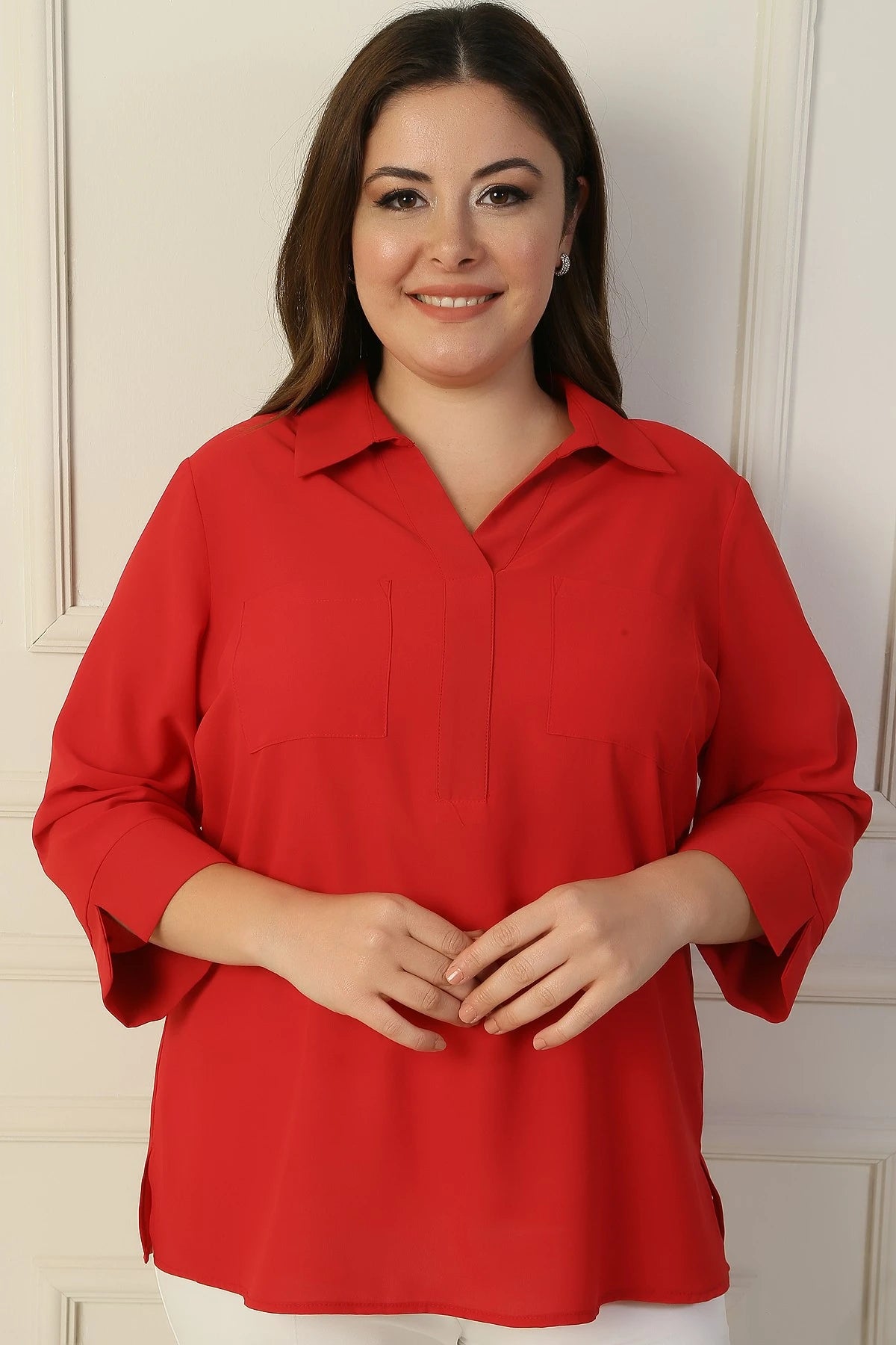 Image of Polo Collar Pocketed Quarter Sleeve BB Blouse