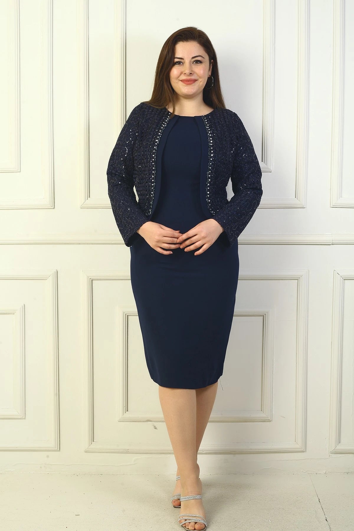 Image of Women's Plus Size Crepe Dress with Lace Jacket Look and Lining