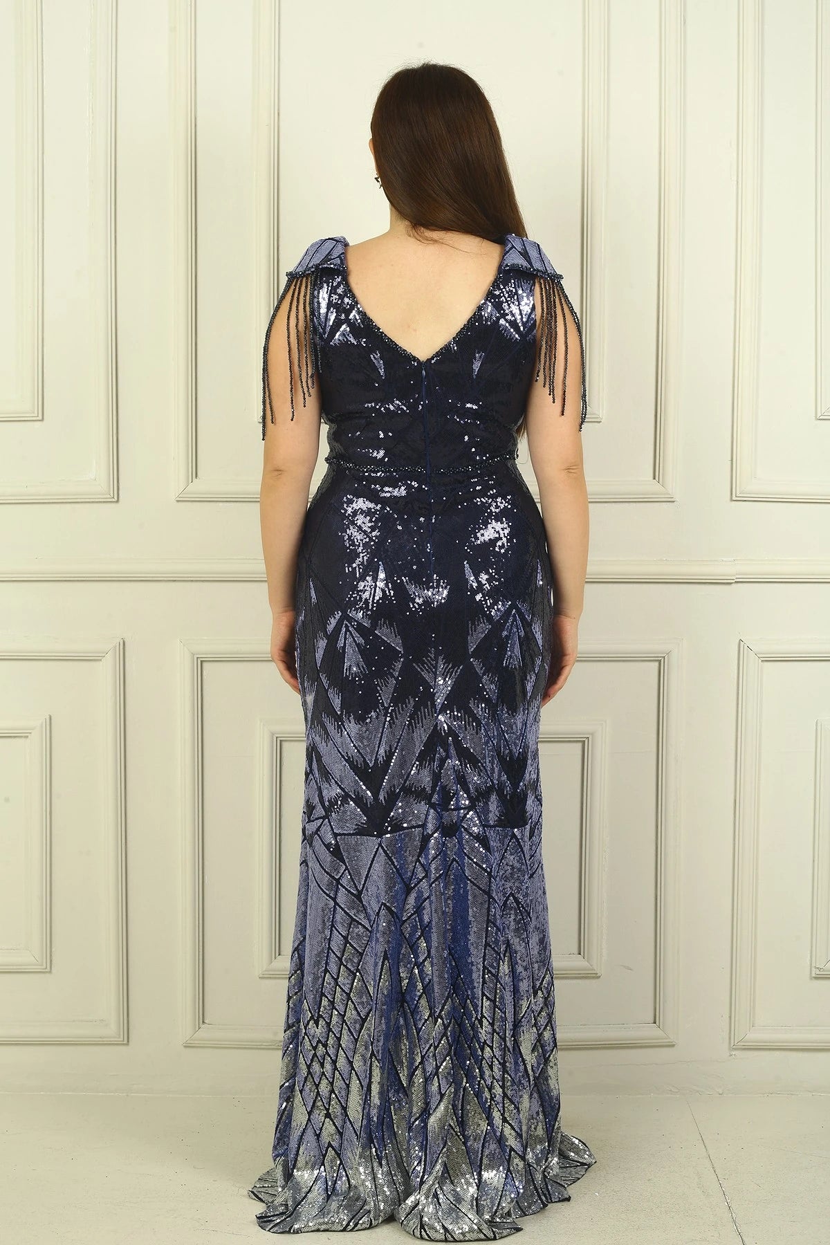 Image of Long BB Sequin Evening Dress with Beaded Tassel Sleeves and Lining