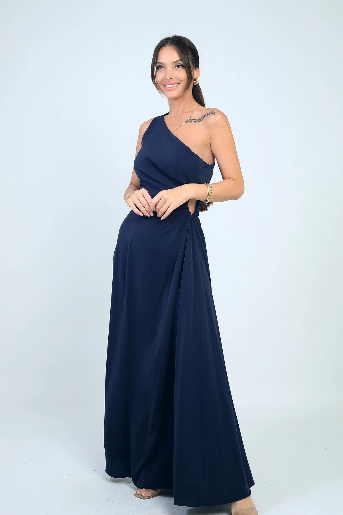 Image of Women's One-Shoulder Long Crepe Satin Dress with Side Window Detail