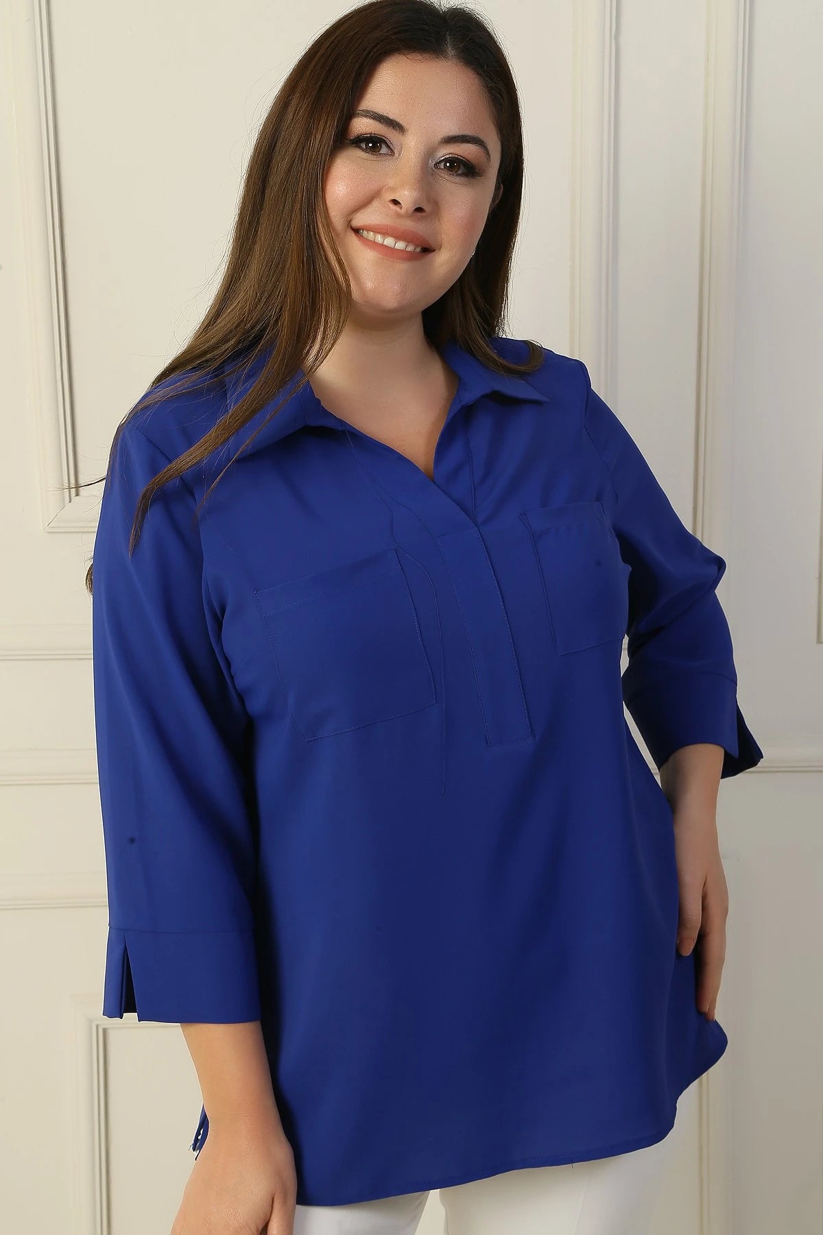 Image of Polo Collar Pocketed Quarter Sleeve BB Blouse