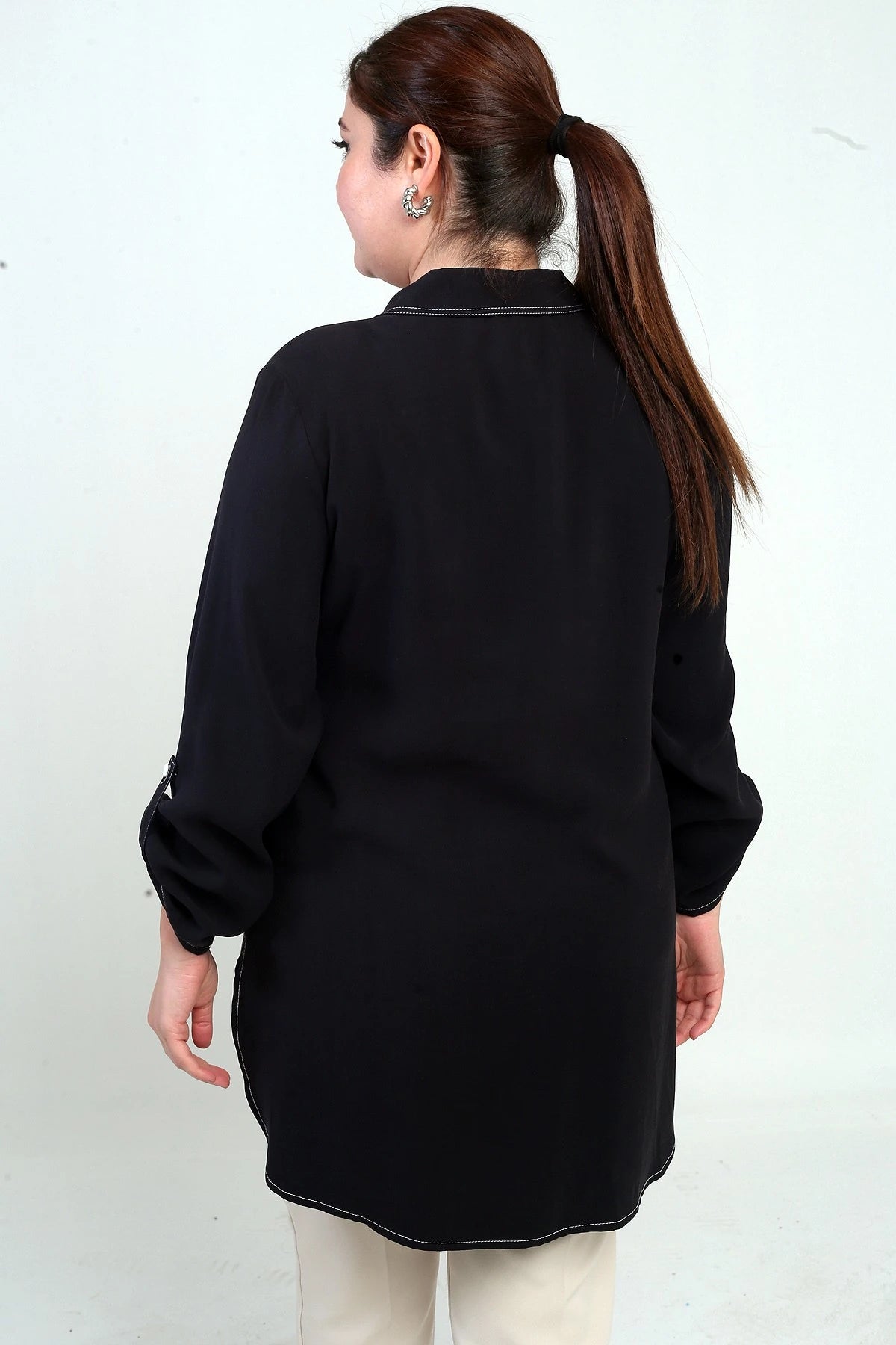 Image of Women's Eyelet Mesh Plus Size Long Shirt with Folded Sleeves