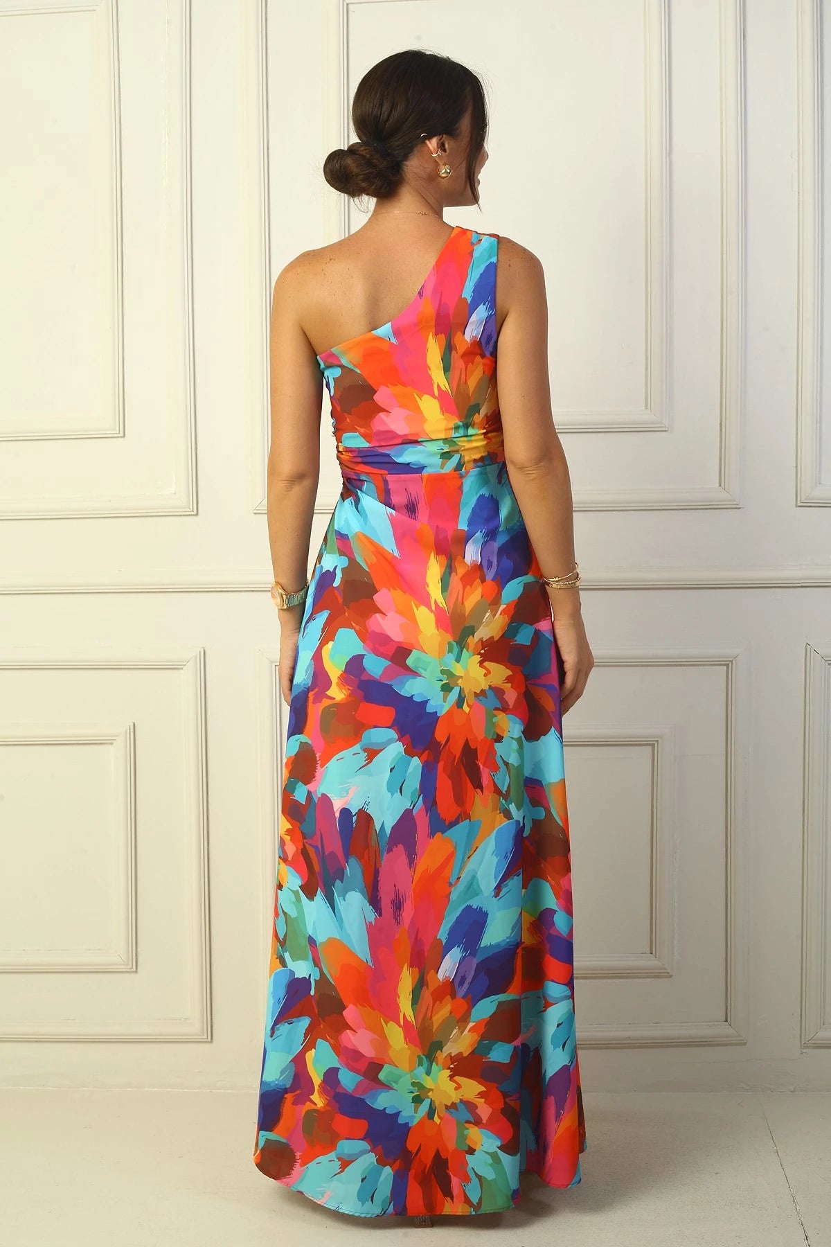 Image of Women's One-Shoulder Side Cutout Multicolored Long Crepe Satin Dress