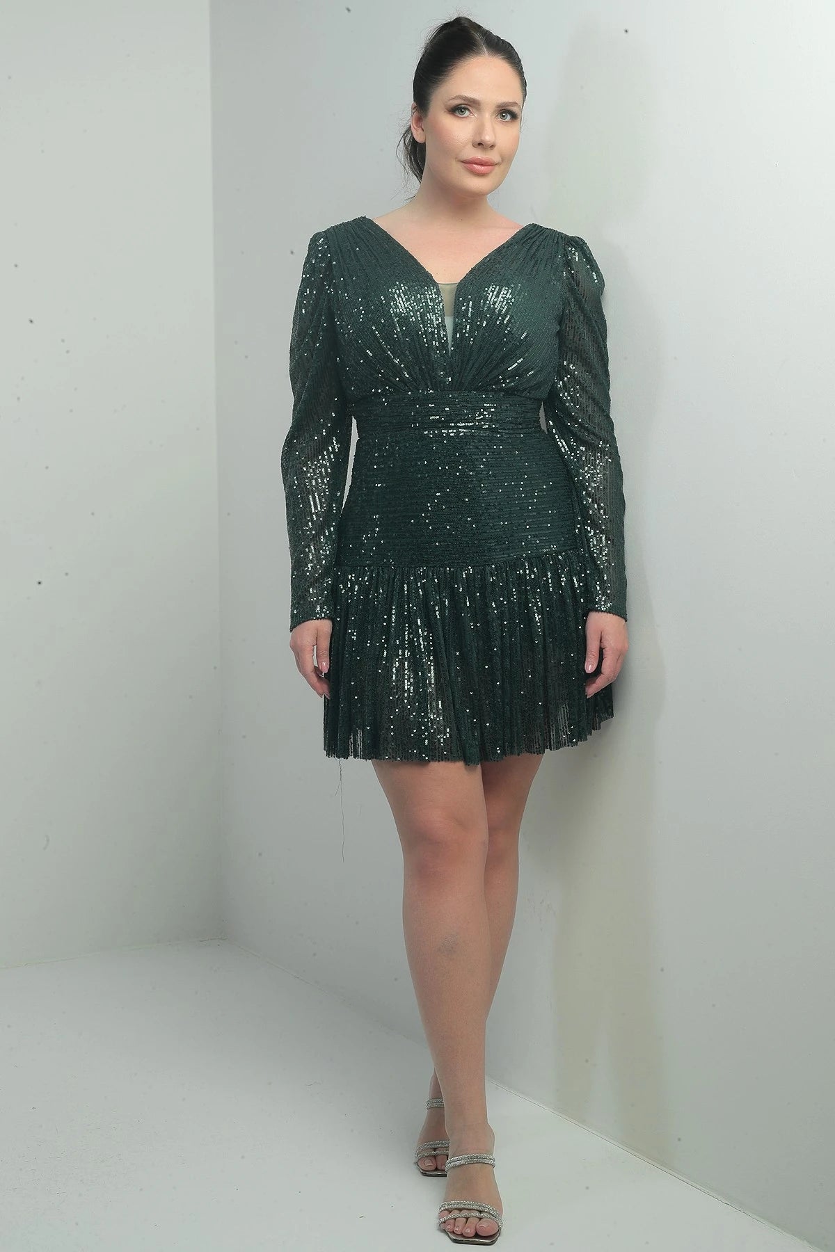 Image of Women's Front and Back V-Neck Lined Draped Long Sleeved Plus Size Sequin Dress