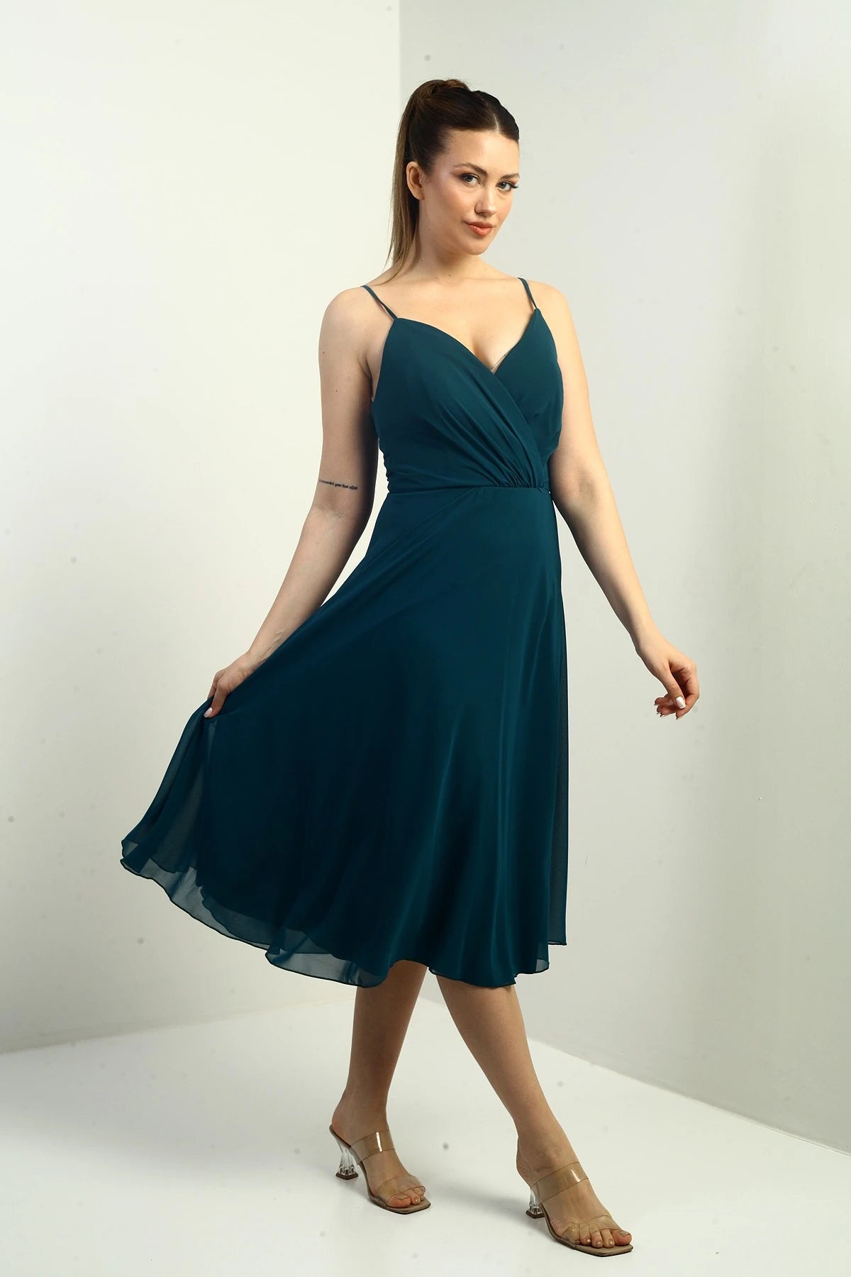 Image of Women's Strappy Wrap Neckline Lined Lace-Up Back Flared Chiffon Dress