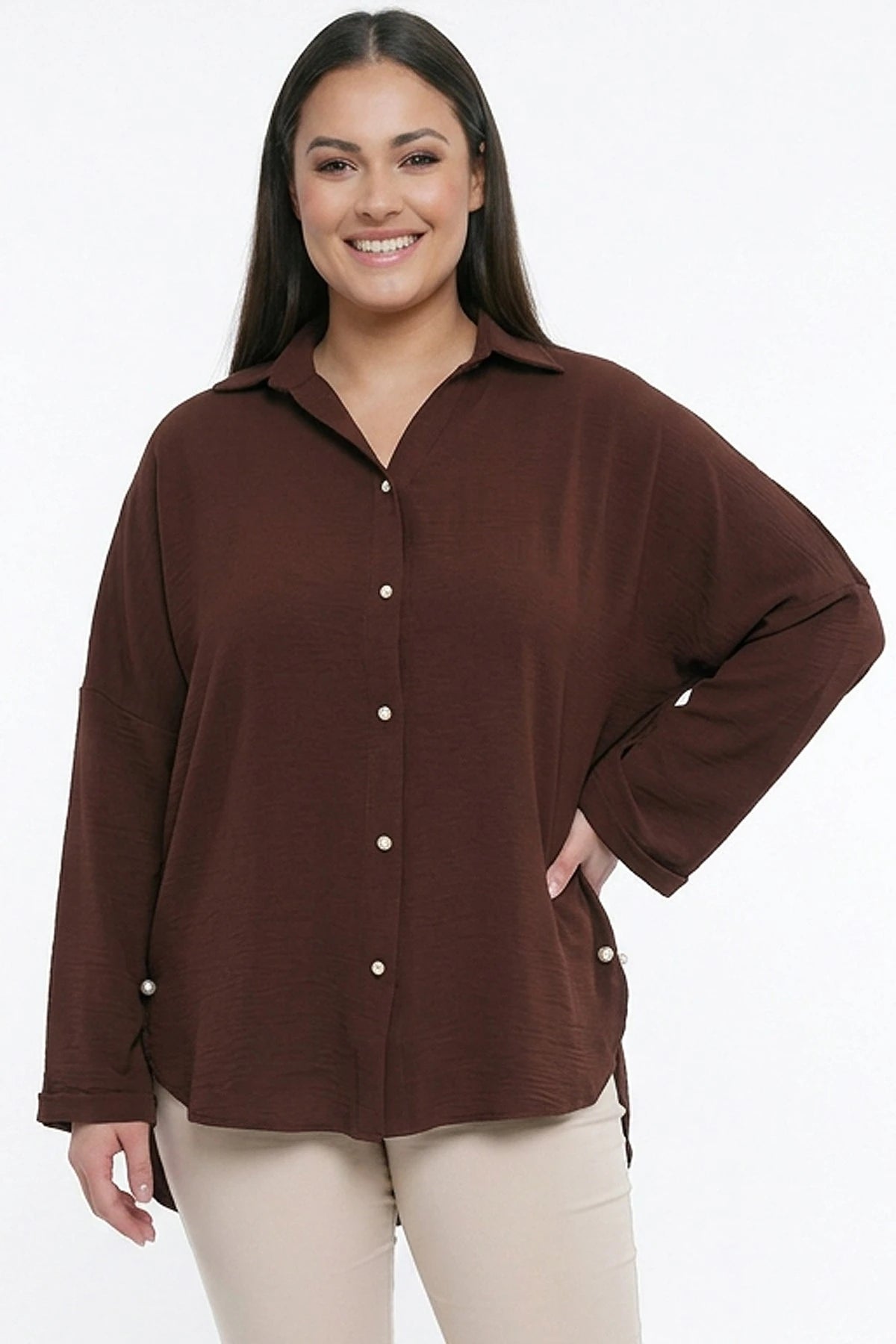 Image of Women's Plus Size Ayrobin Lycra Shirt with Pearl Details