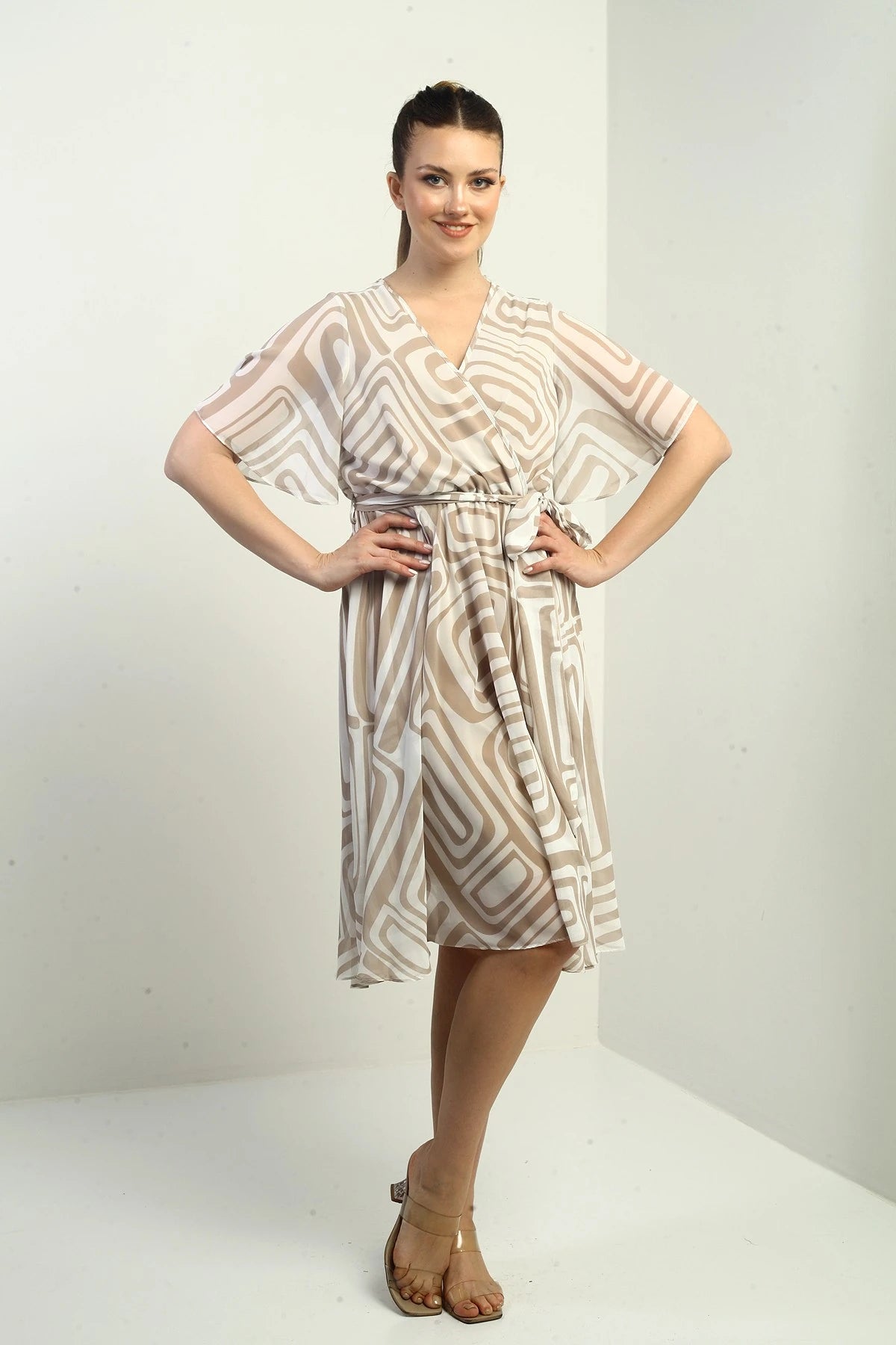 Image of Women's Wrap Neckline Belted Lined Geometric Pattern Chiffon Dress