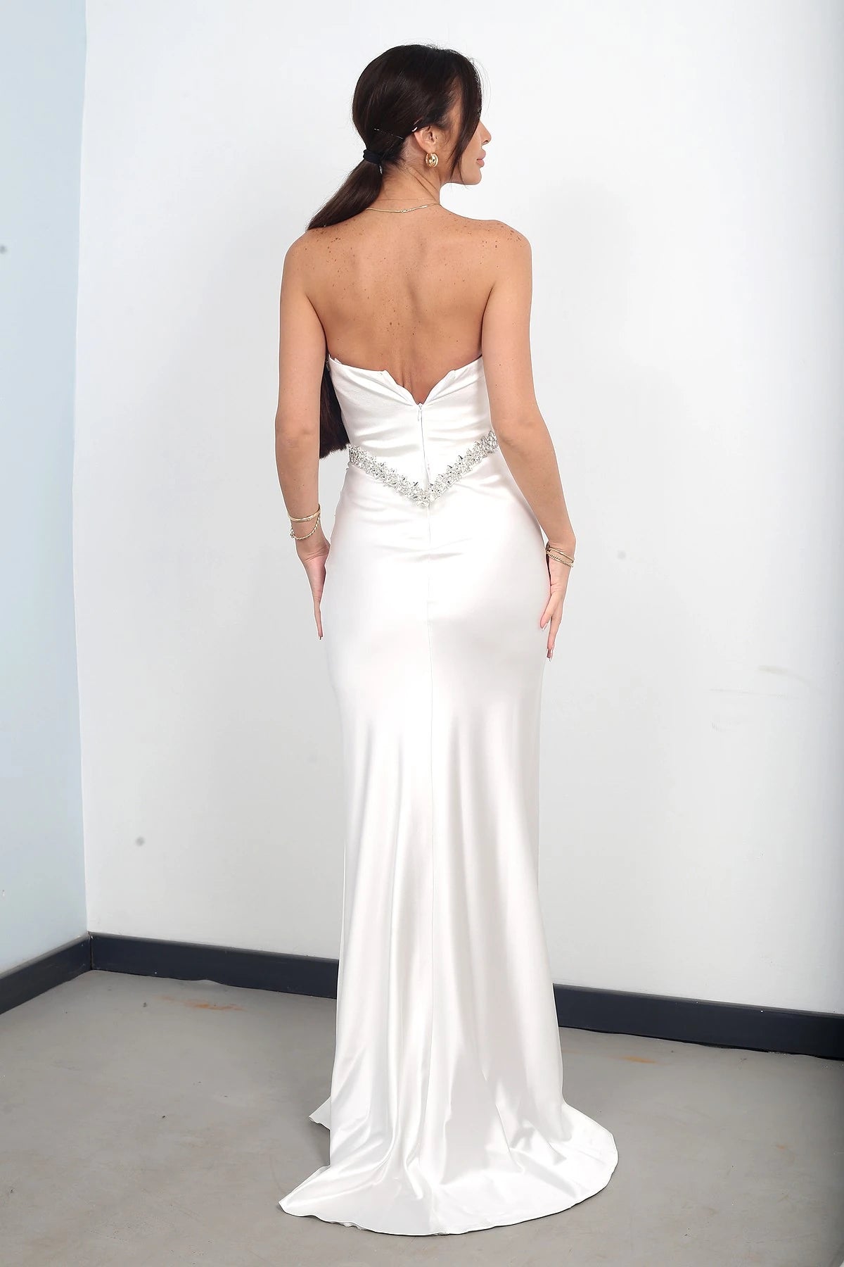 Image of Women's Strapless, Sheer Strap, Lined, Sparkling Stone Detail, Draped Front, Bias-Shaped Skirt Satin Long Dress