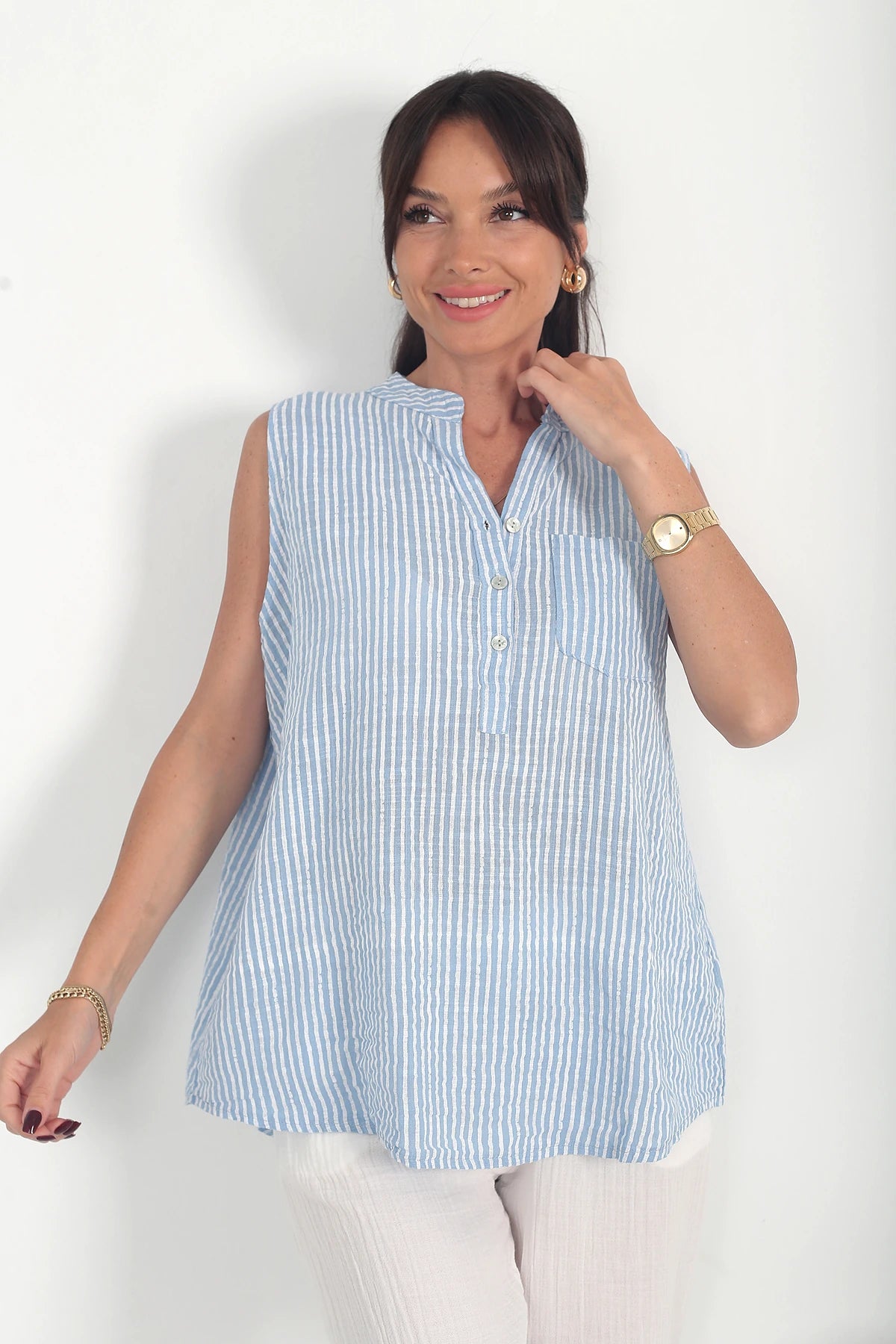 Image of Kadın Sıfır Kol Çizgili Tek Cepli İtalyan Cotton Oversize Bluz