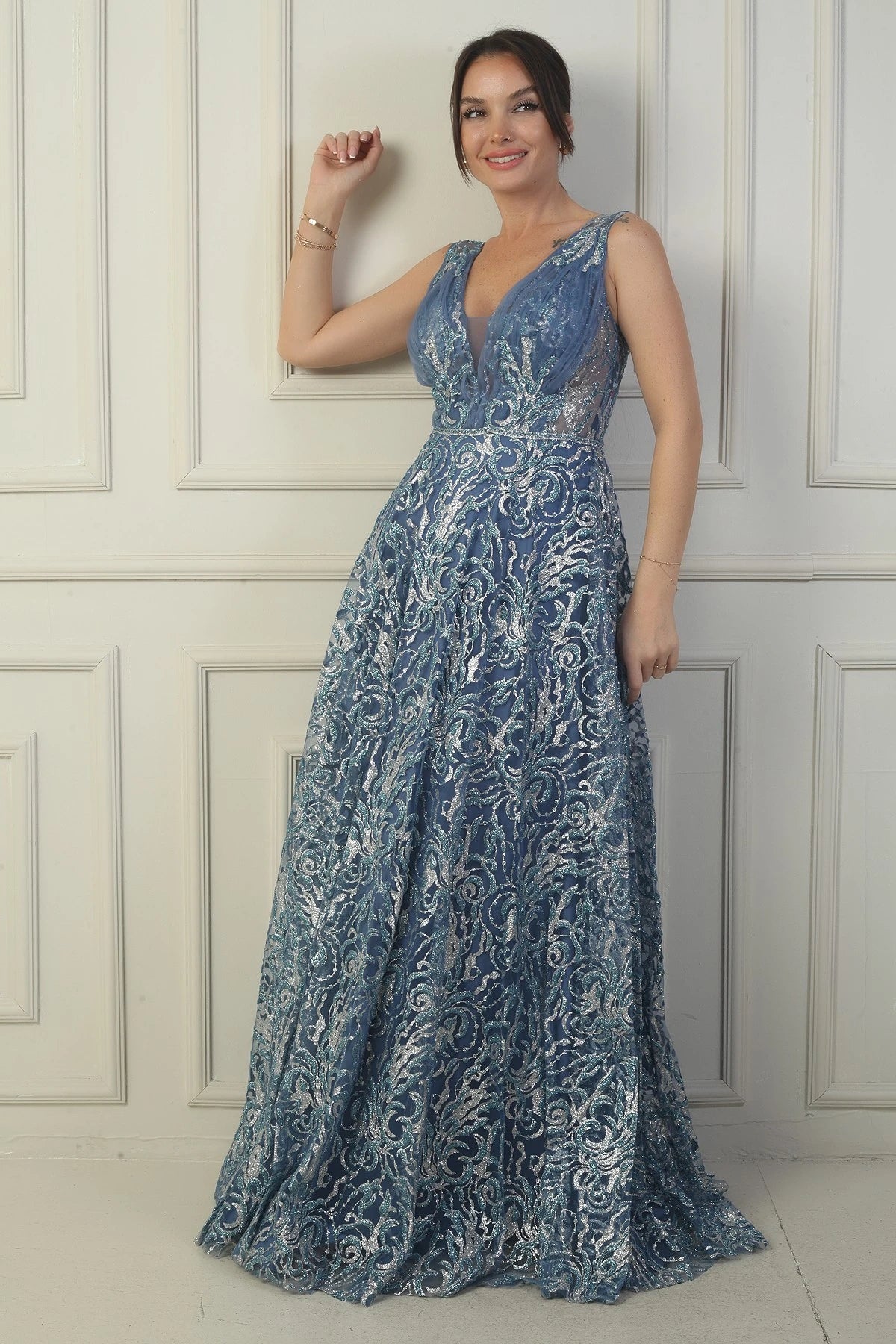 Image of Women's Front and Back V-Neck, Bust Pleat, Back Lace-up, Lined, Glitter Flock Print Long Evening Dress
