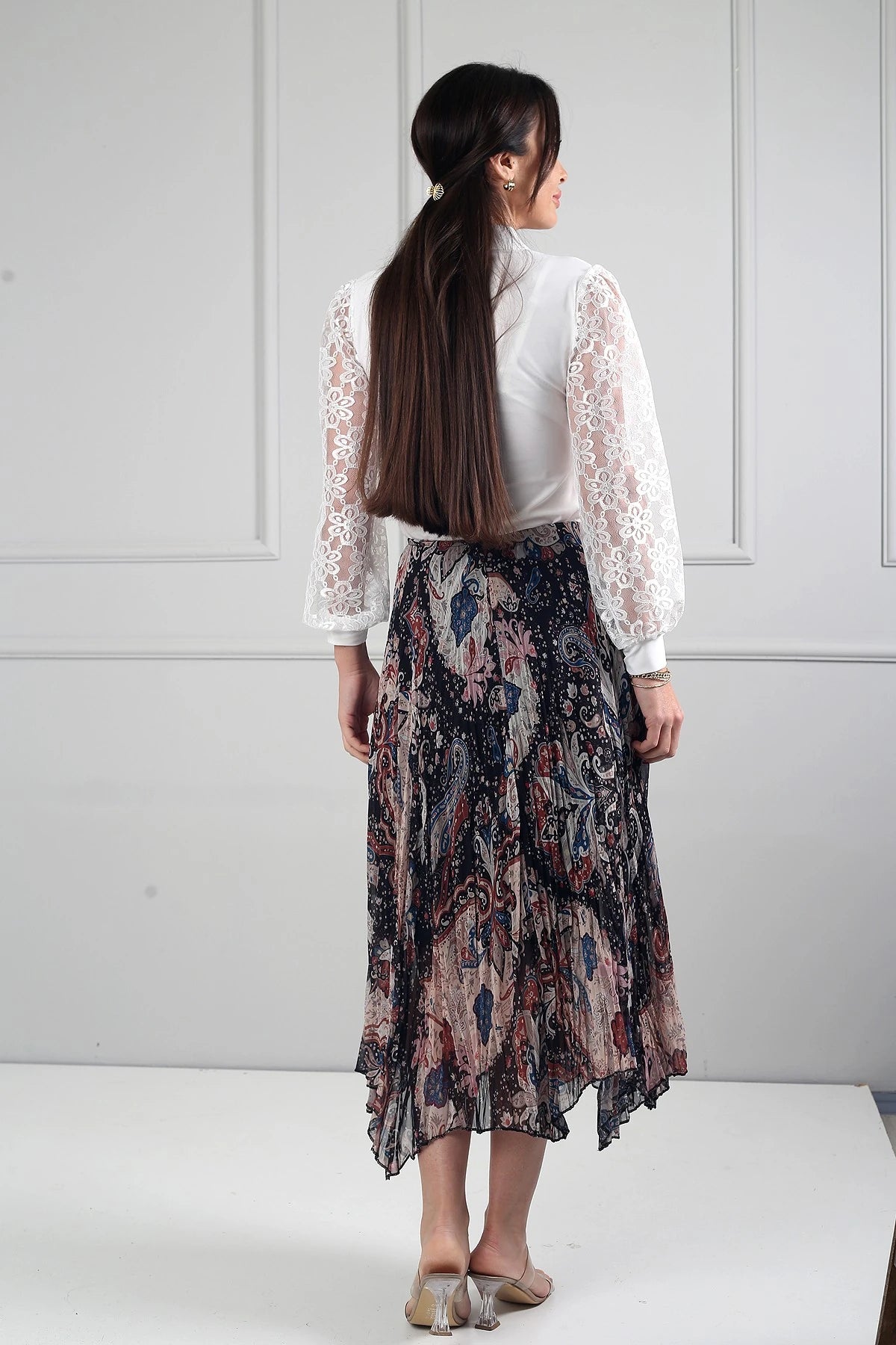 Image of Women's Elastic Waist Lined Shawl Patterned Triangle Midi Skirt