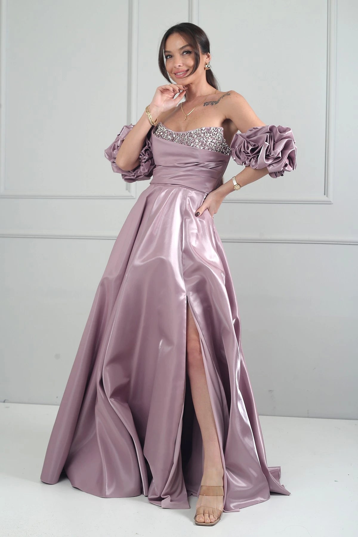 Image of Women's Strapless Balloon Sleeve Lined Long Satin Dress with Stone Embellishments