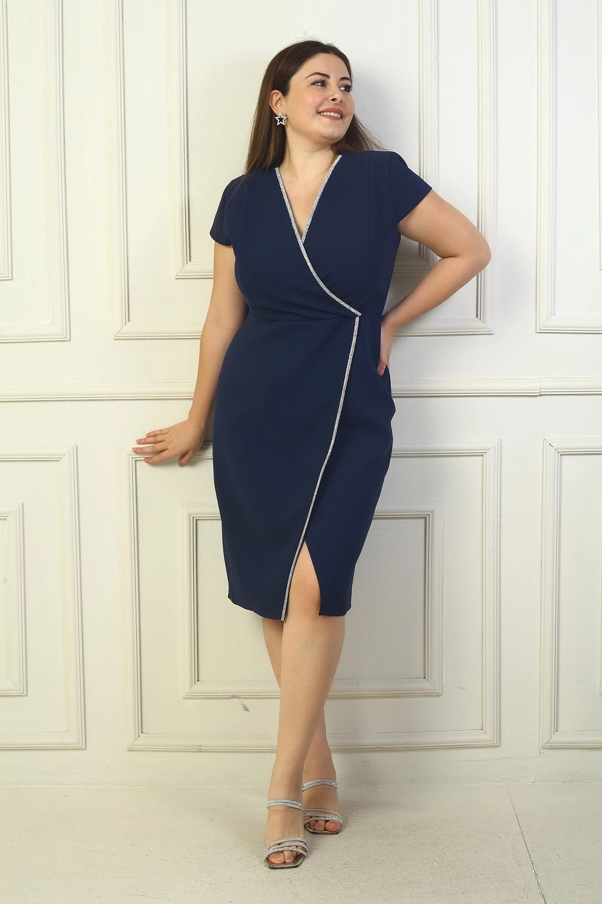 Image of Women's Wrap Neck Half-Moon Sleeve Embellished Front Slit BB Dress