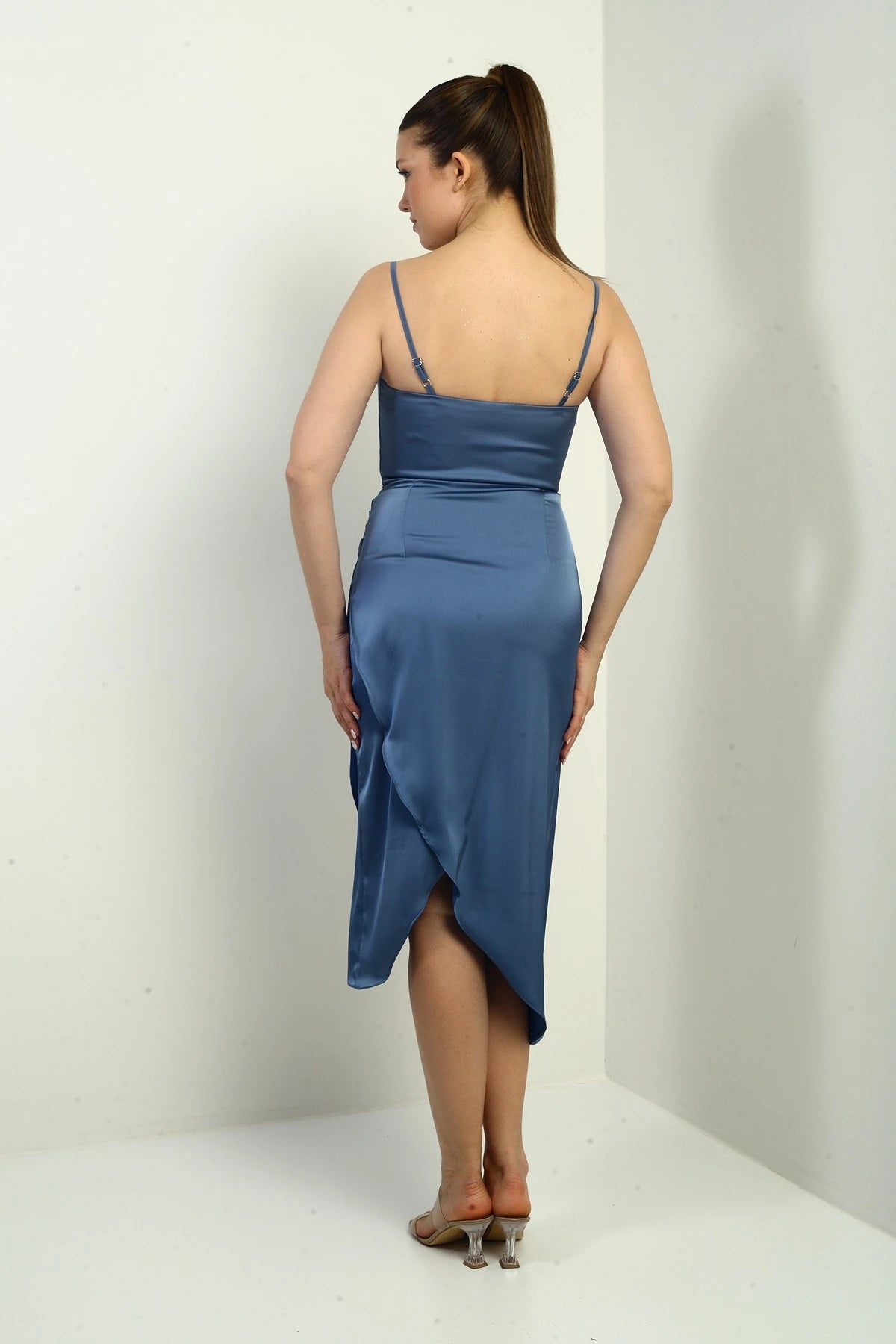 Image of Women's Strappy Draped Lined Asymmetrical Midi Dress