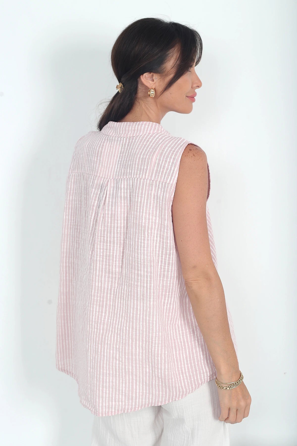 Image of Kadın Sıfır Kol Çizgili Tek Cepli İtalyan Cotton Oversize Bluz