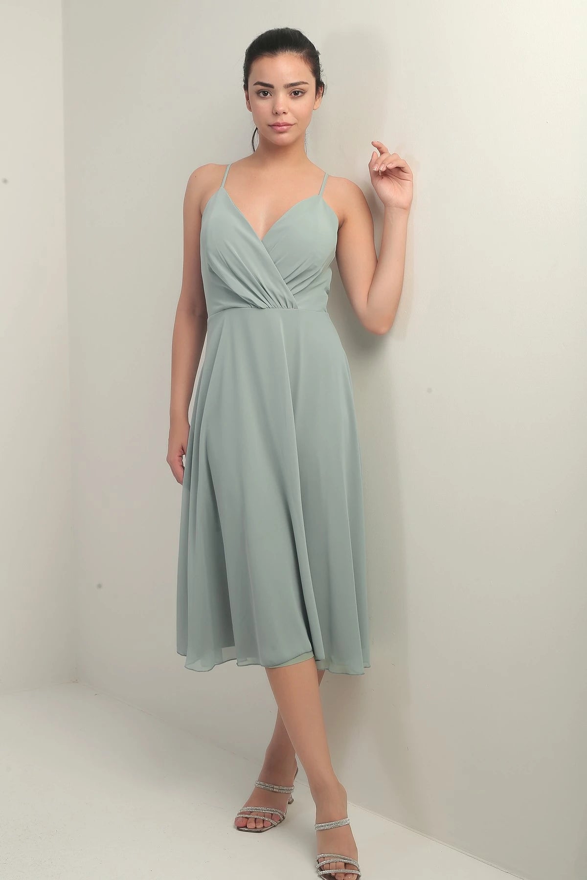 Image of Women's Strappy Wrap Neckline Lined Lace-Up Back Flared Chiffon Dress