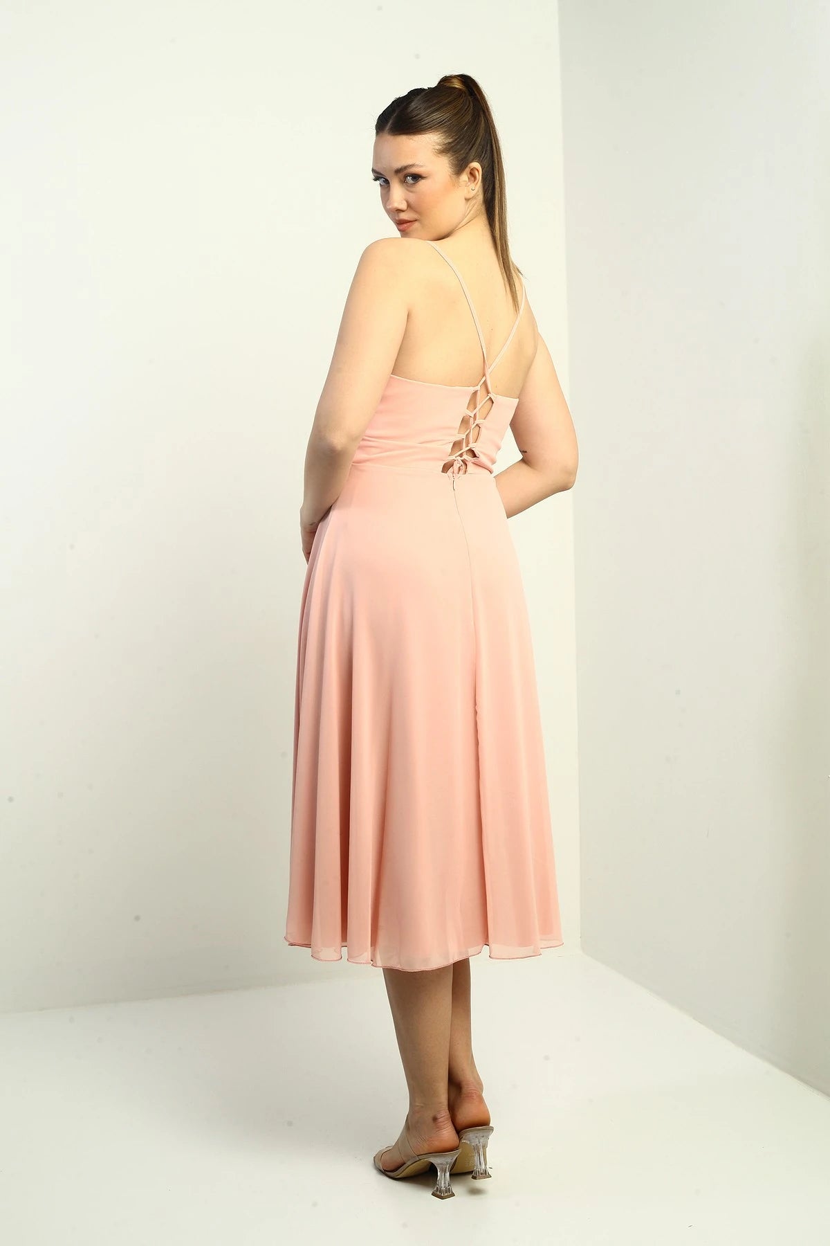 Image of Women's Strappy Wrap Neckline Lined Lace-Up Back Flared Chiffon Dress
