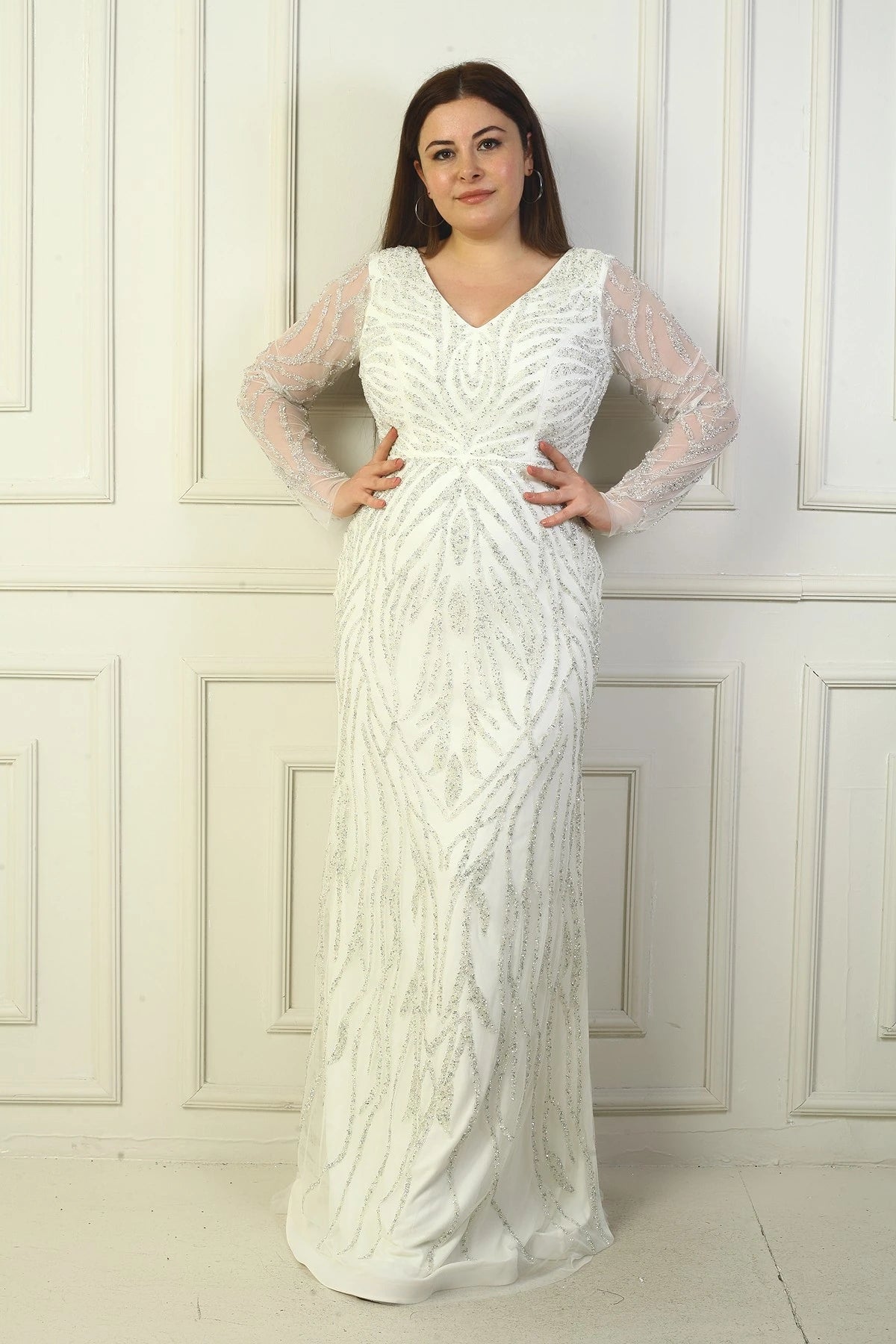 Image of Front and Back V-Neck, Tulle Sleeves, Lined, Embellished Long Plus Size Dress
