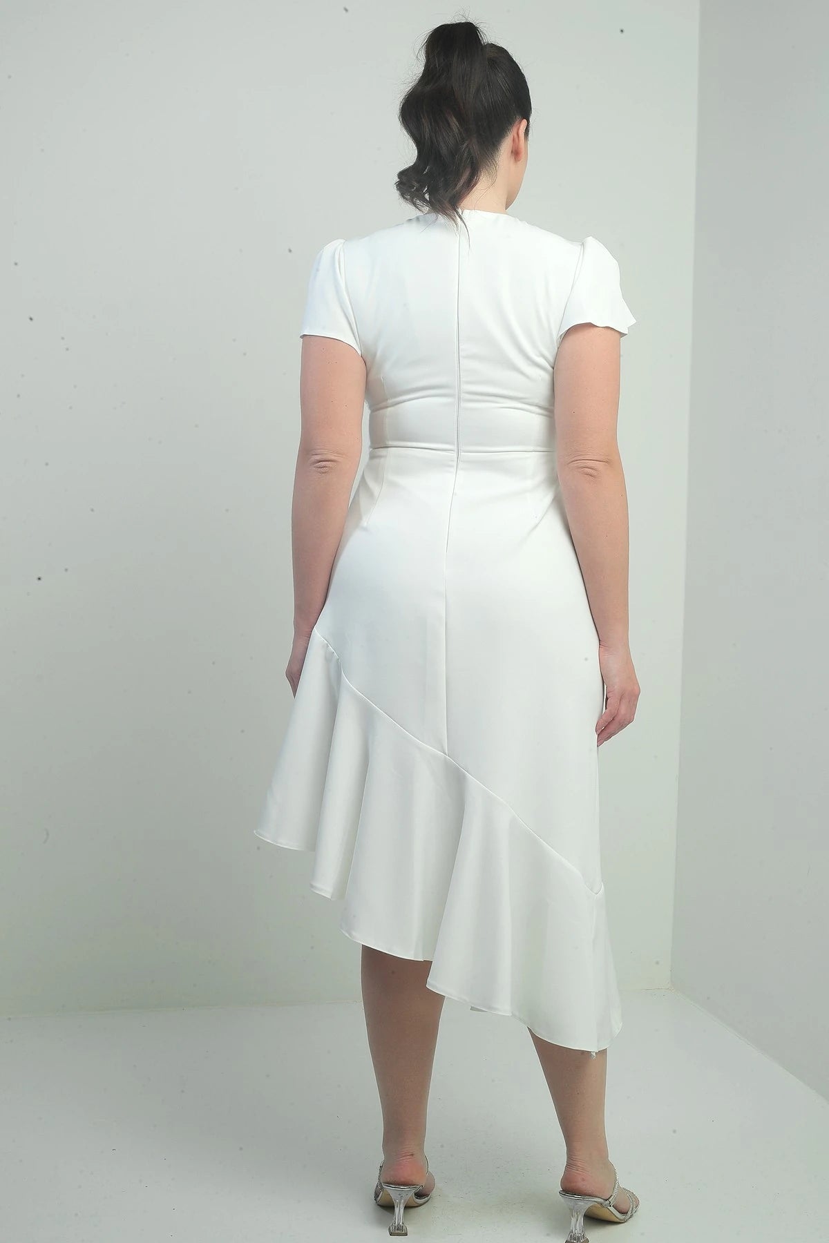 Image of Women's Wrap Neckline Draped Front Lined Ruffled Skirt Plus Size Crepe Dress