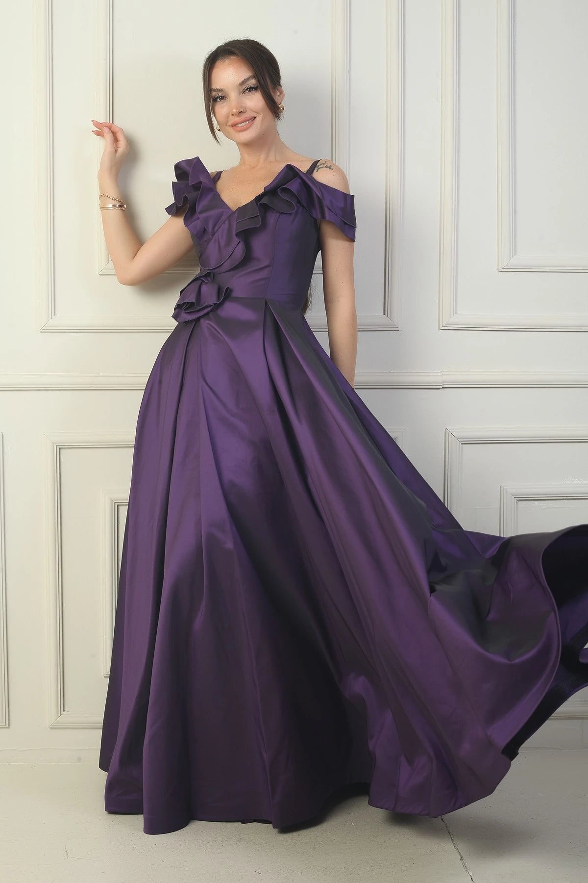 Image of Women's Strappy Boat Neck Long Taffeta Evening Dress with Rose Detail, Lined, and Pockets