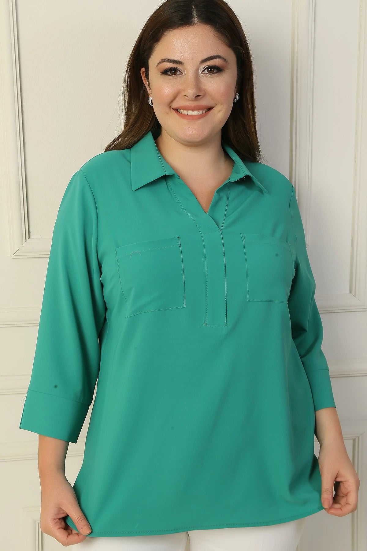 Image of Polo Collar Pocketed Quarter Sleeve BB Blouse