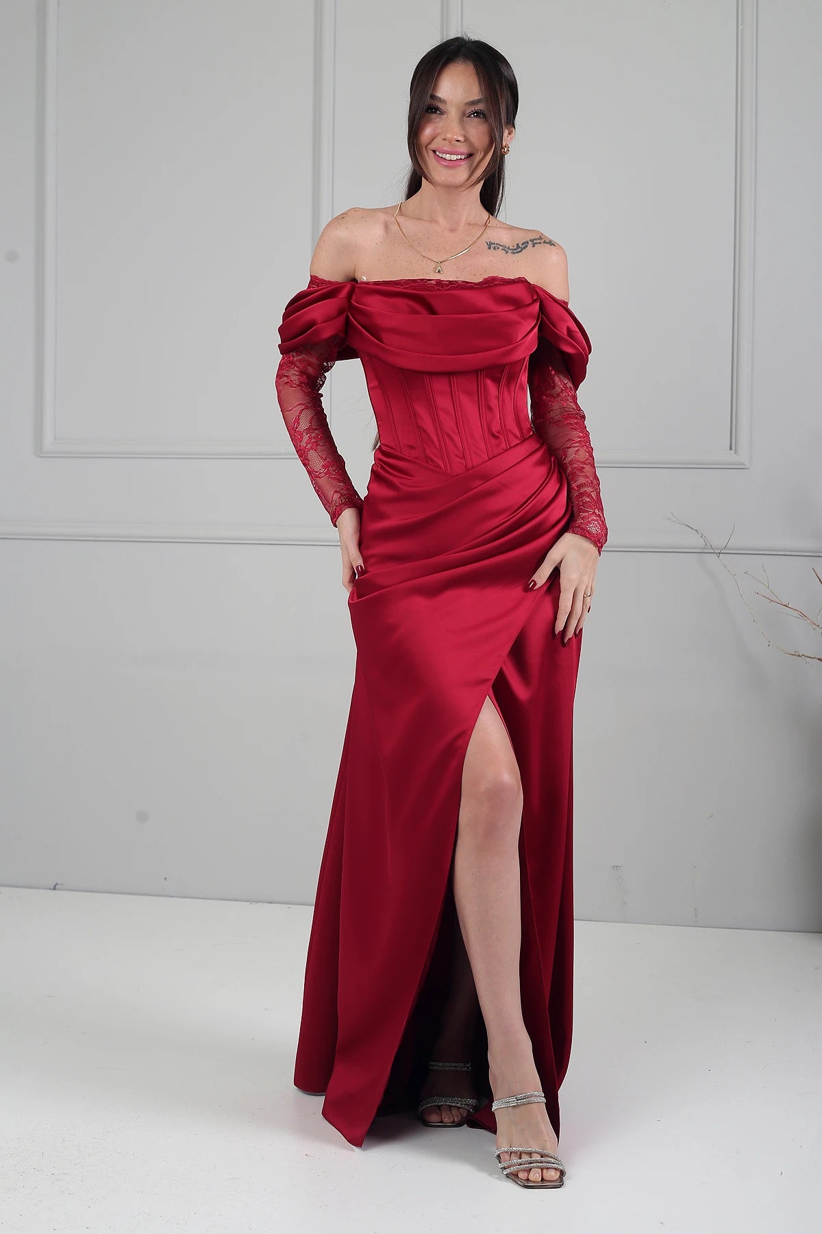 Image of Women's Boat Neck Lace Sleeve Lined Long Satin Dress