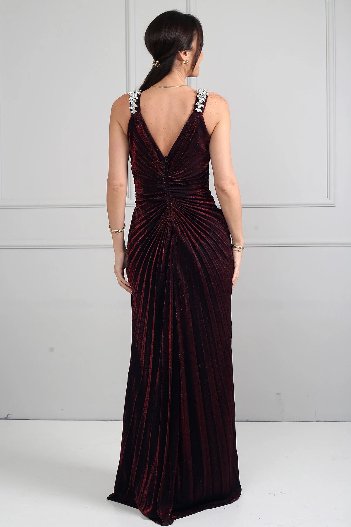 Image of Women's Wrap Neckline Long Evening Dress with Thick Shoulder Stone Detail, Stone Embellished Front, Gathered, and Slit