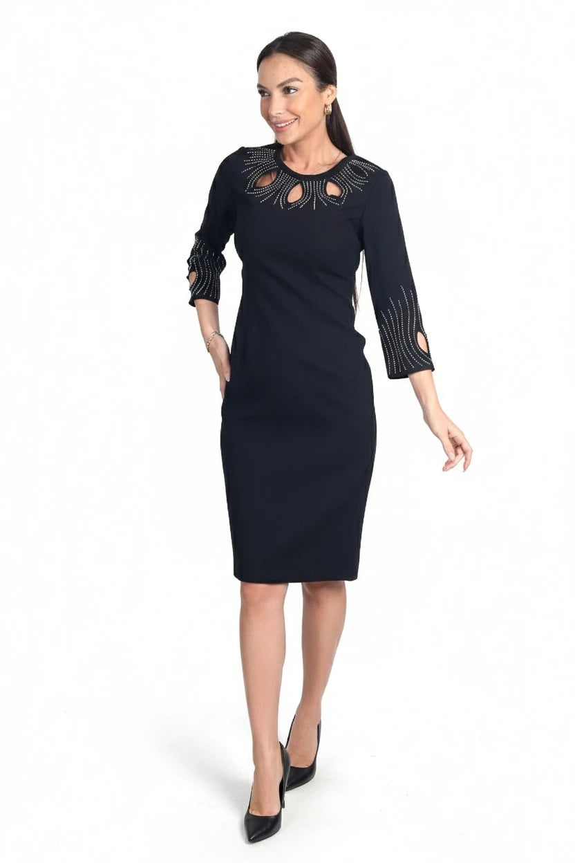 Image of Women's Laser-Cut Short Dress with Beaded Neckline and Cuffs and Lining