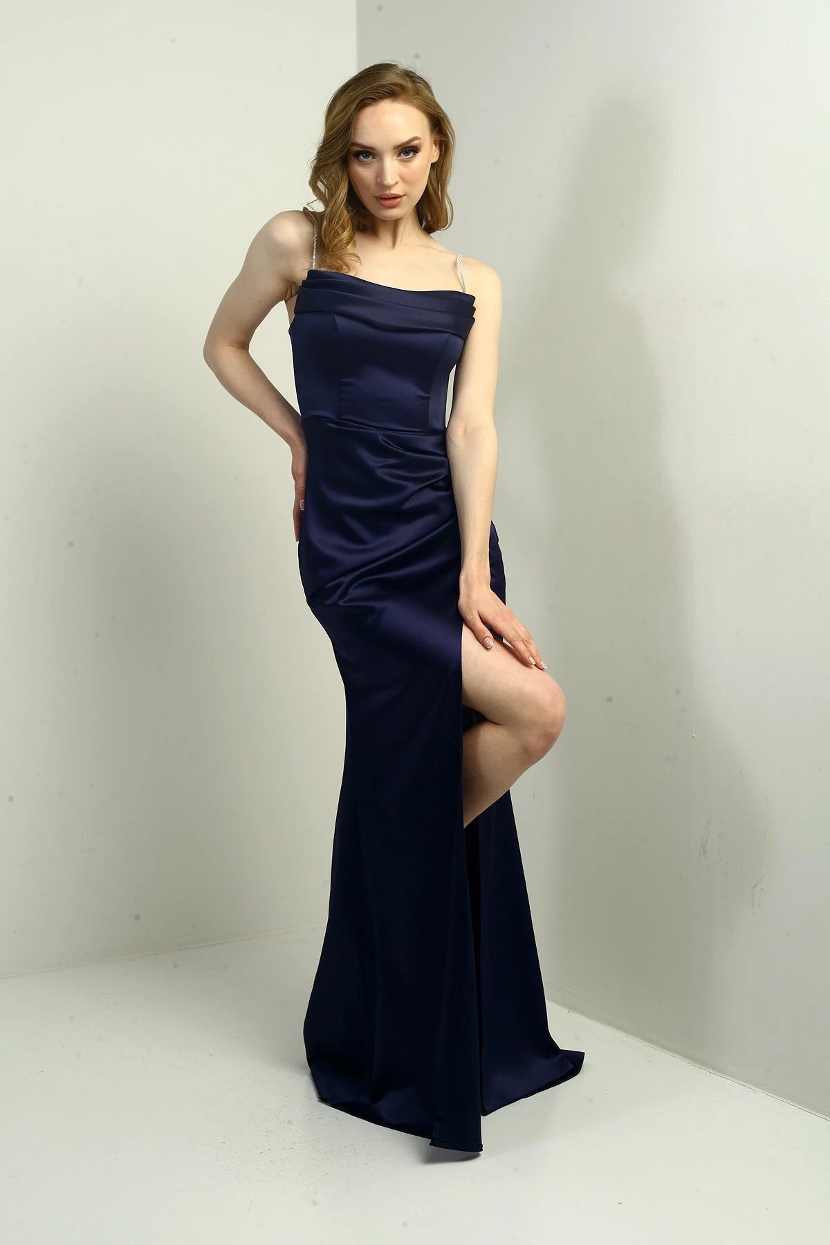 Image of Women's Shiny Strappy Deep Slit Front Gathered Pleated Long Satin Evening Dress
