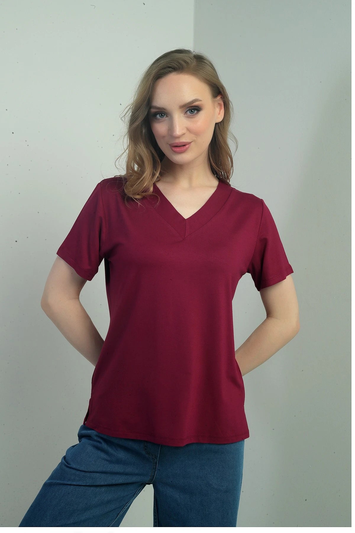 Image of Women's V-Neck Short-Sleeve Blouse with Slit