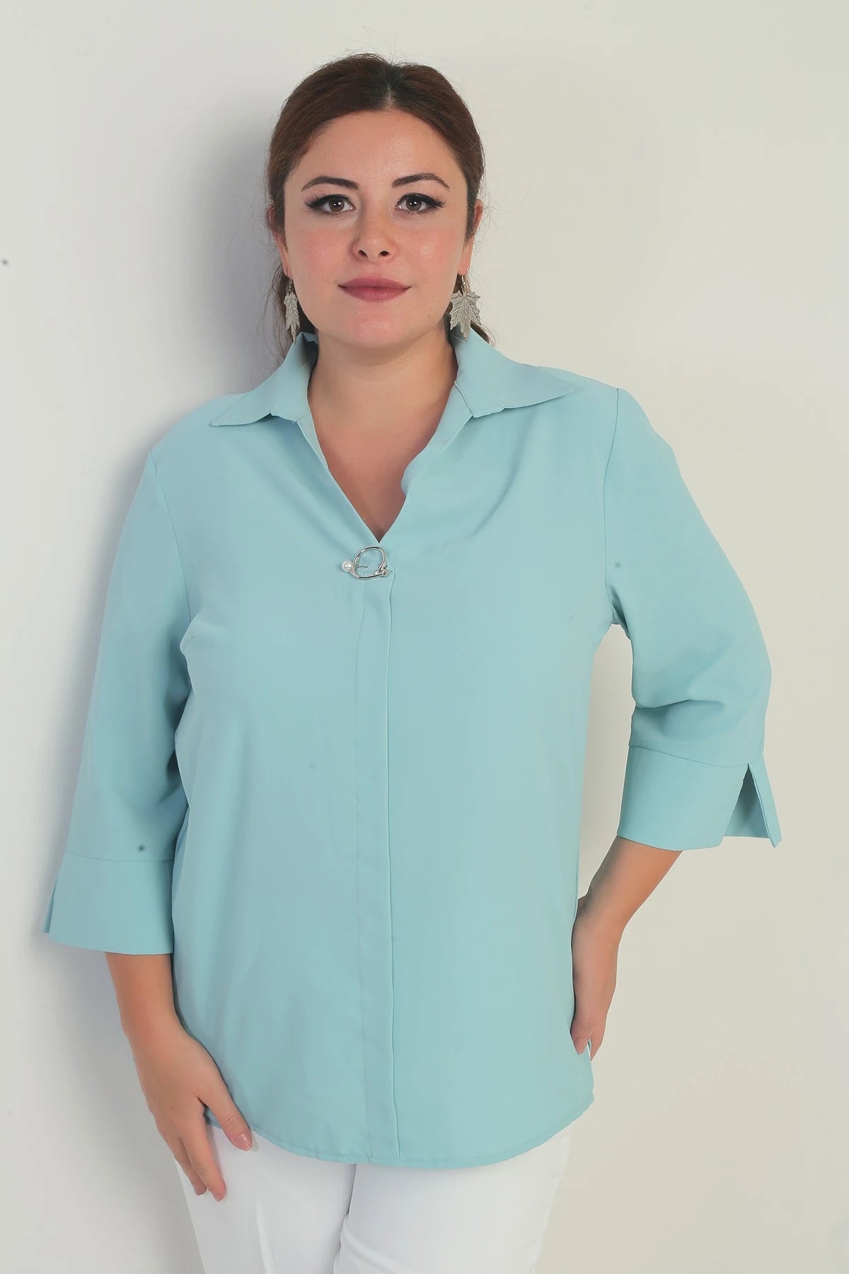 Image of Polo Yaka Çeyrek Kol Büyük Beden Bluz