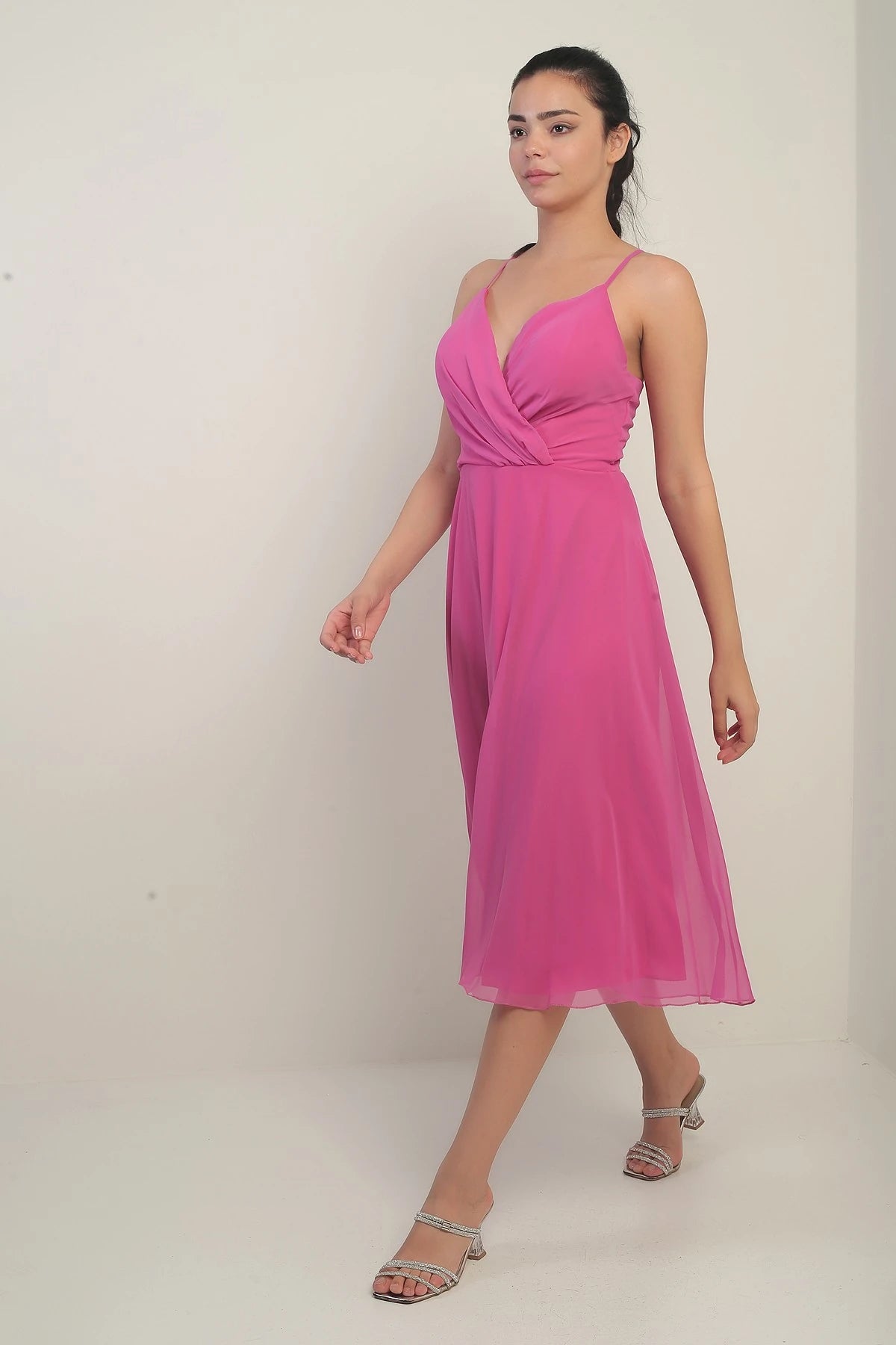 Image of Women's Strappy Wrap Neckline Lined Lace-Up Back Flared Chiffon Dress