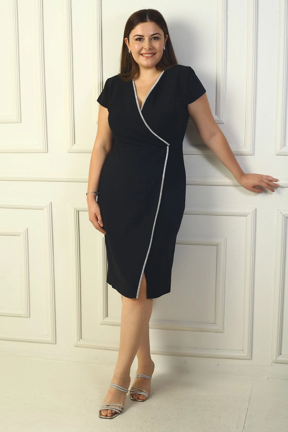 Image of Women's Wrap Neck Half-Moon Sleeve Embellished Front Slit BB Dress