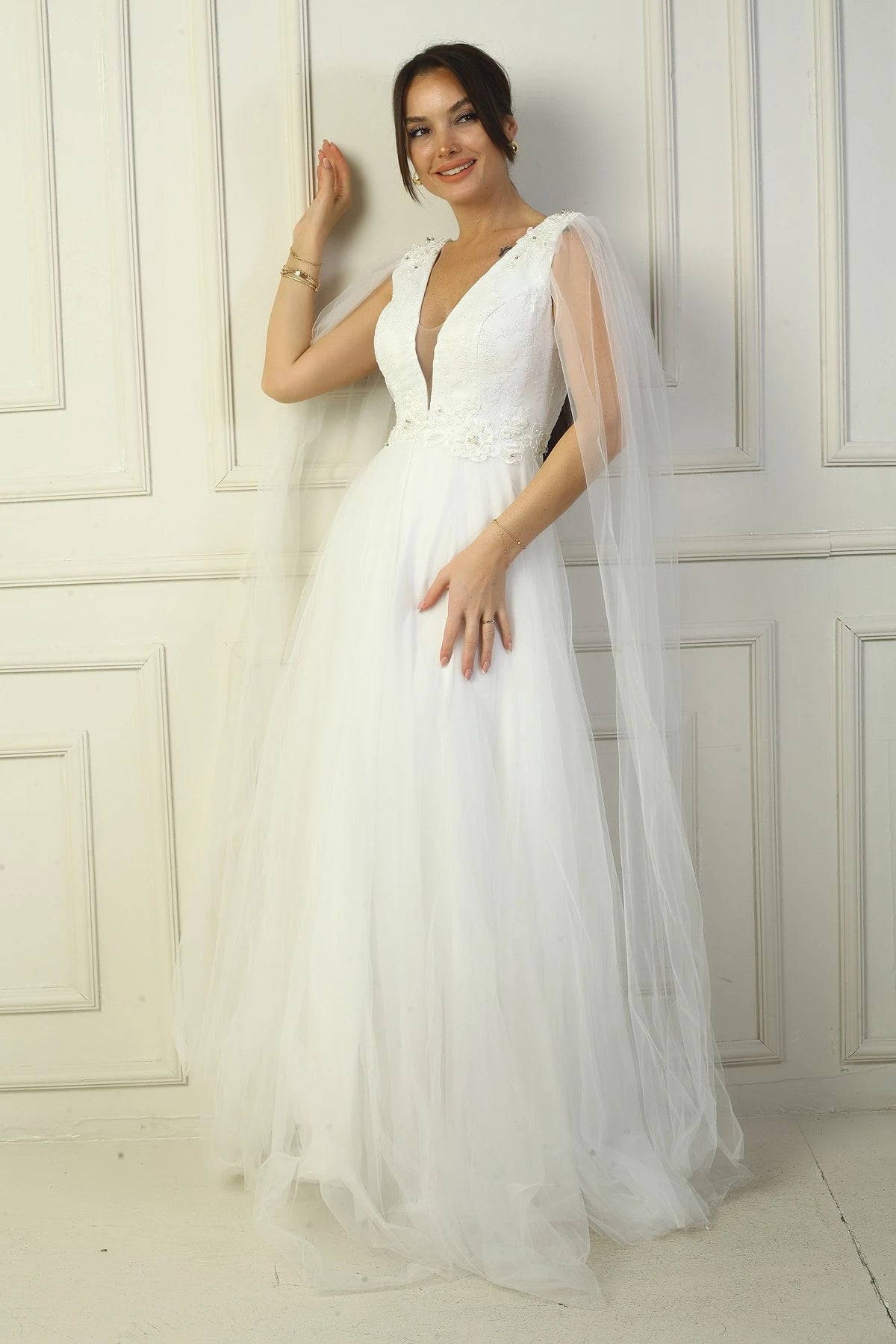 Image of Women's Front and Back V-Neck Long Tulle Evening Dress with Beaded Embellishment and Wide Waistline.