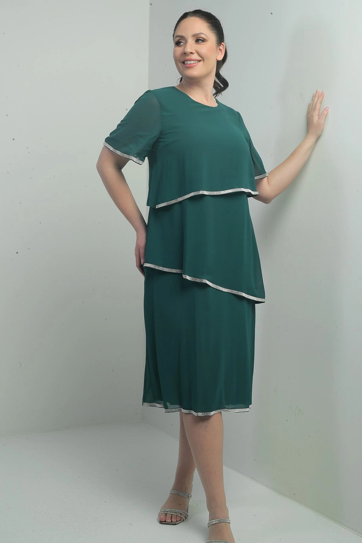 Image of Women's Plus Size Dress with Stone Embellishments, Lined, Short Sleeves, and Three Layers of Chiffon.