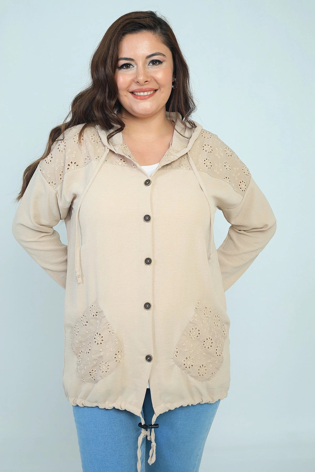 Image of Women's Hooded, Button-Front, Pocketed, Ruffled Plus Size Cardigan