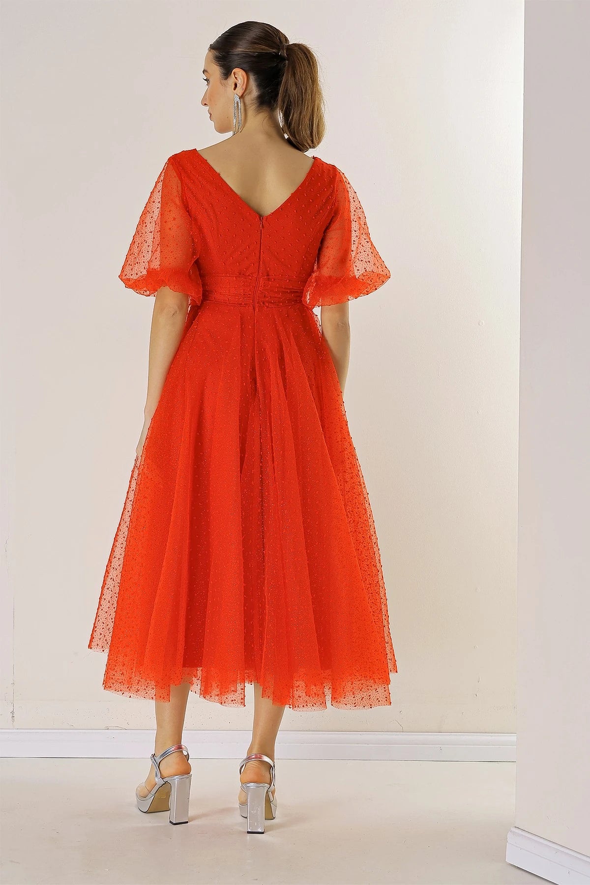 Image of Front and Back V-Neck Short Balloon Sleeved Lined Bud Pattern Glitter Dahlia Fabric Dress