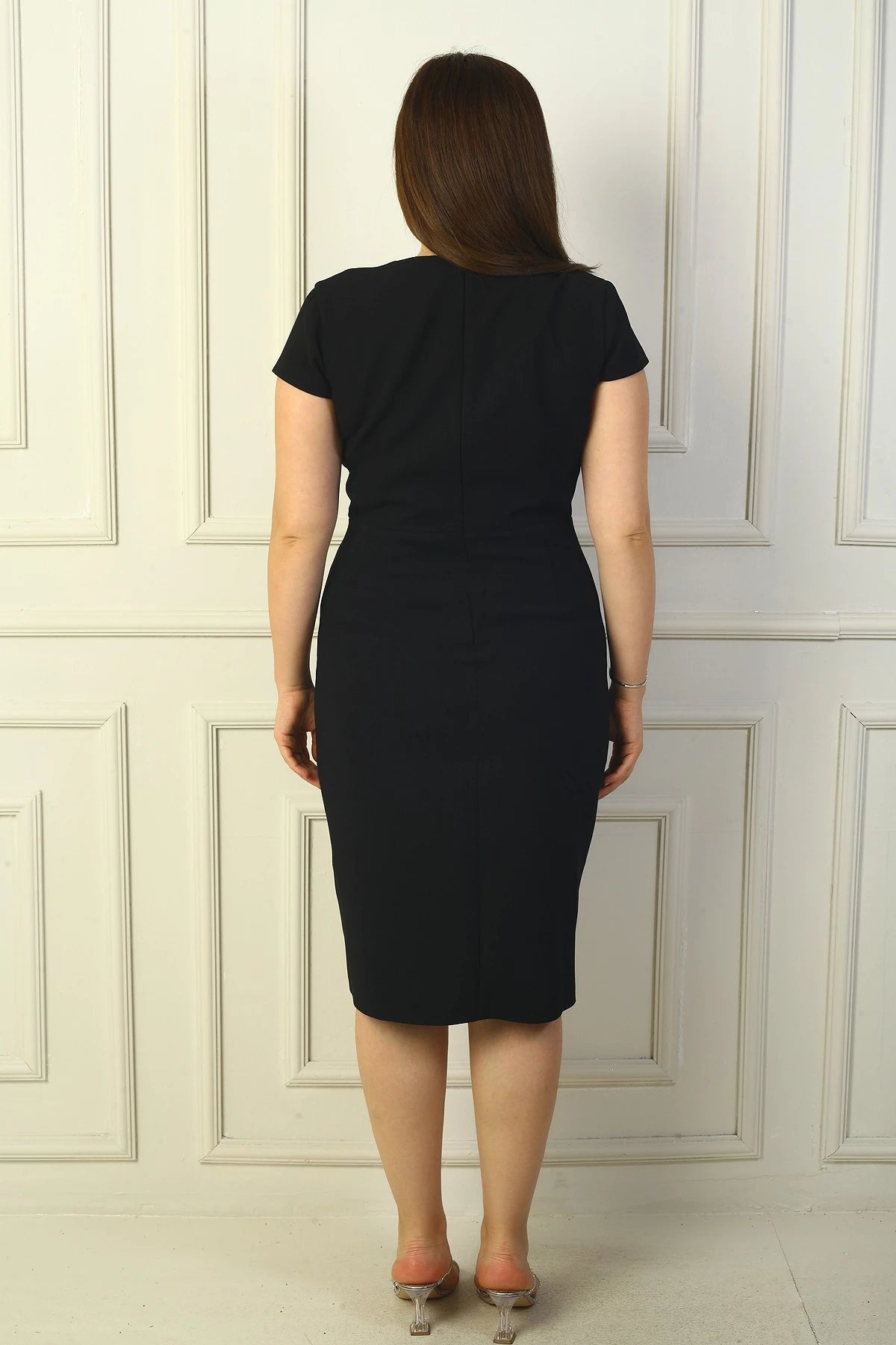 Image of Women's Wrap Neck Half-Moon Sleeve Embellished Front Slit BB Dress