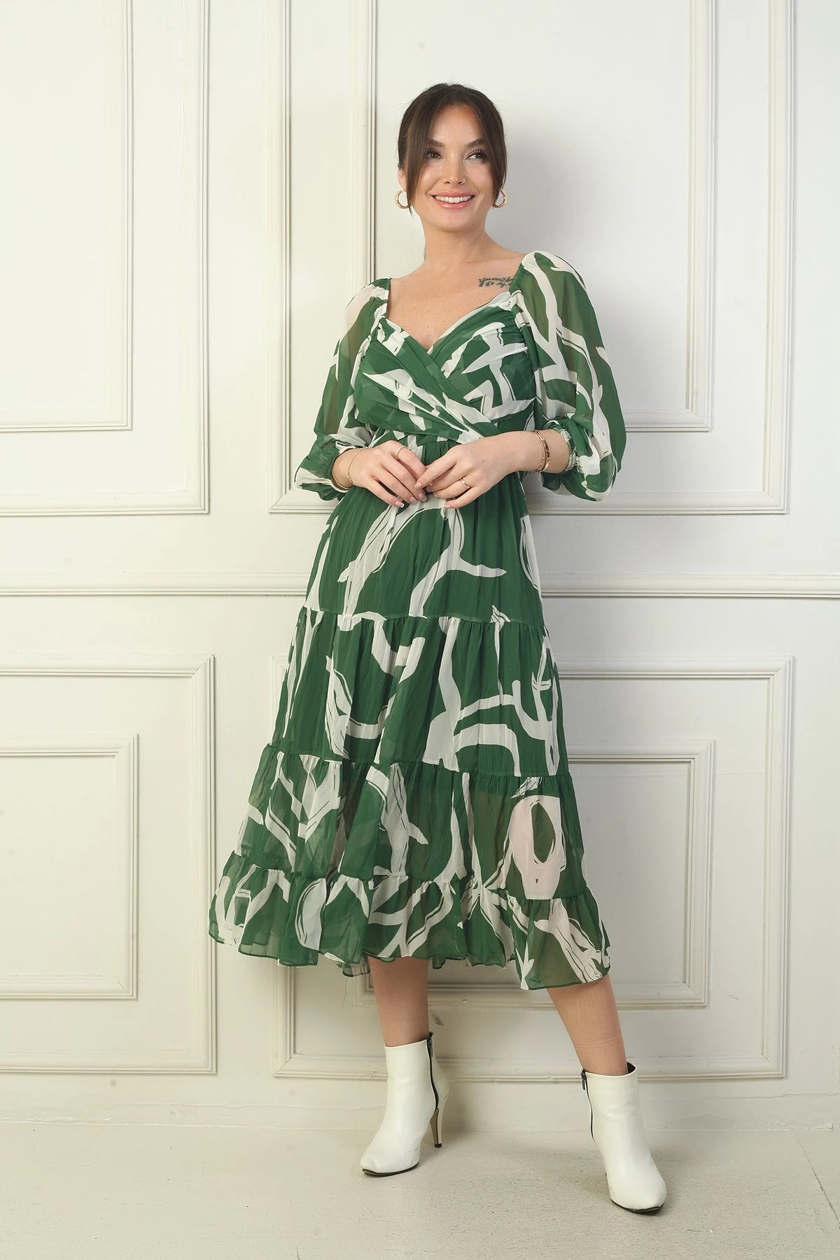 Image of Madonna Neckline Lined Cross-Tie Abstract Pattern Wrap Chiffon Dress