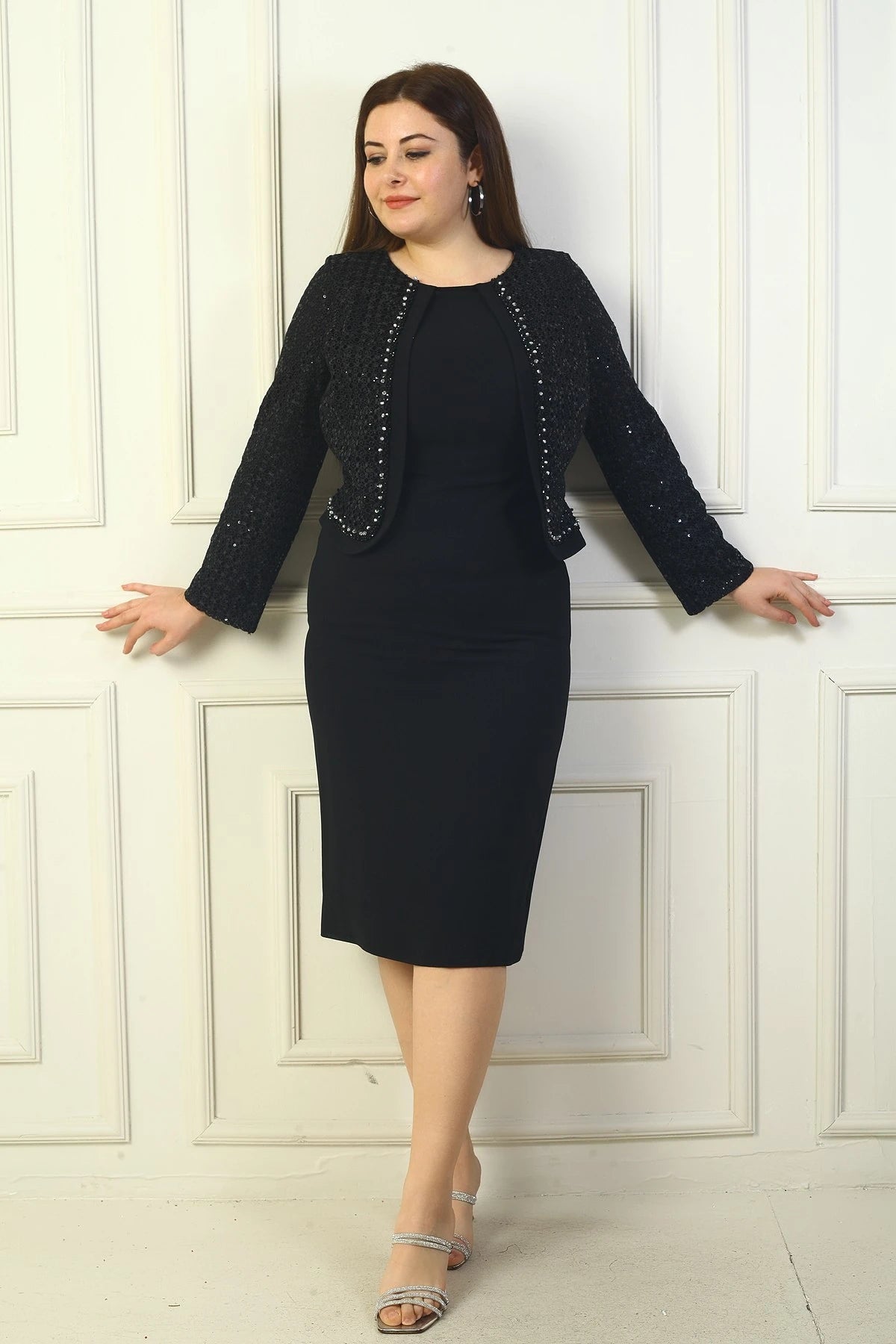 Image of Women's Plus Size Crepe Dress with Lace Jacket Look and Lining