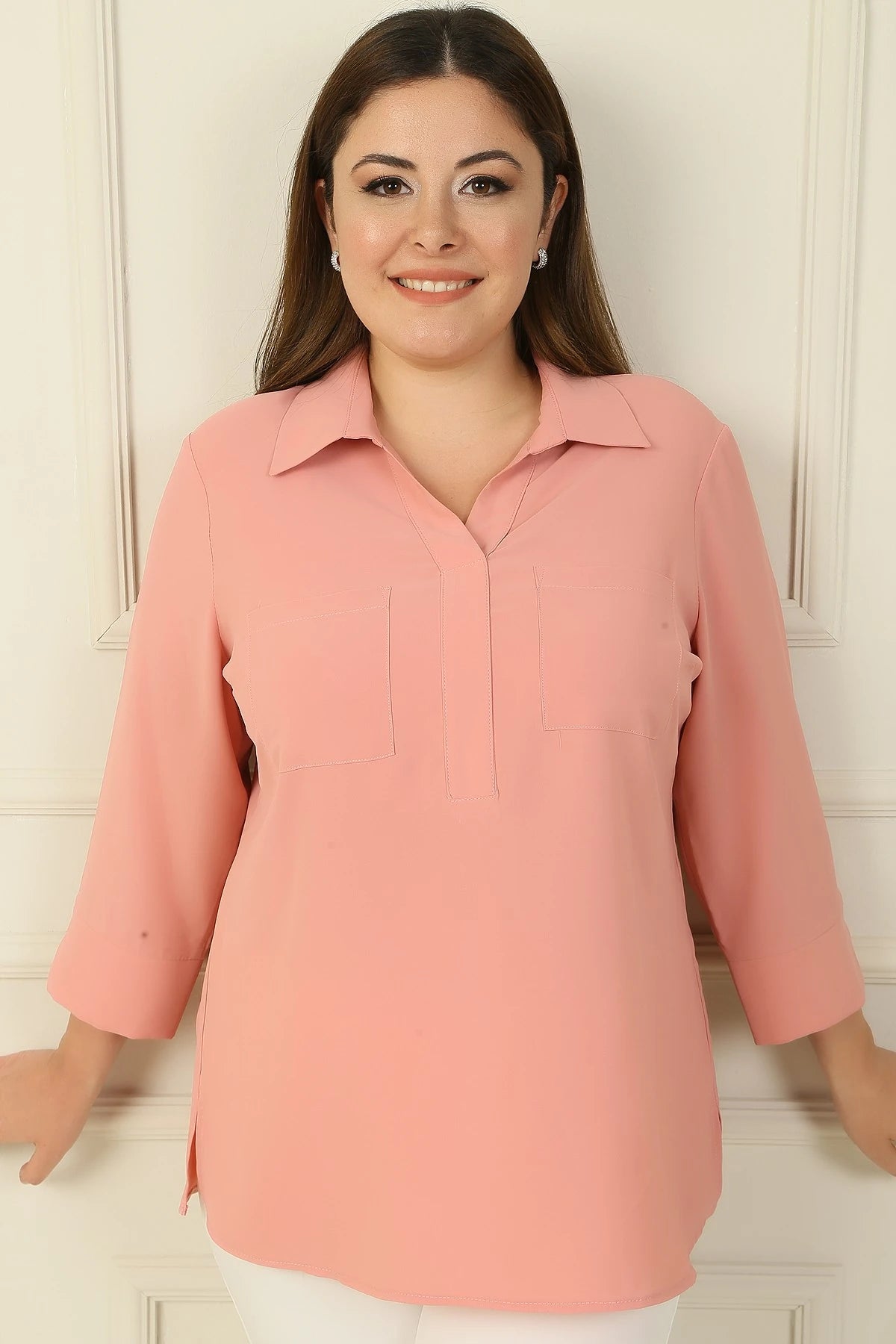 Image of Polo Collar Pocketed Quarter Sleeve BB Blouse