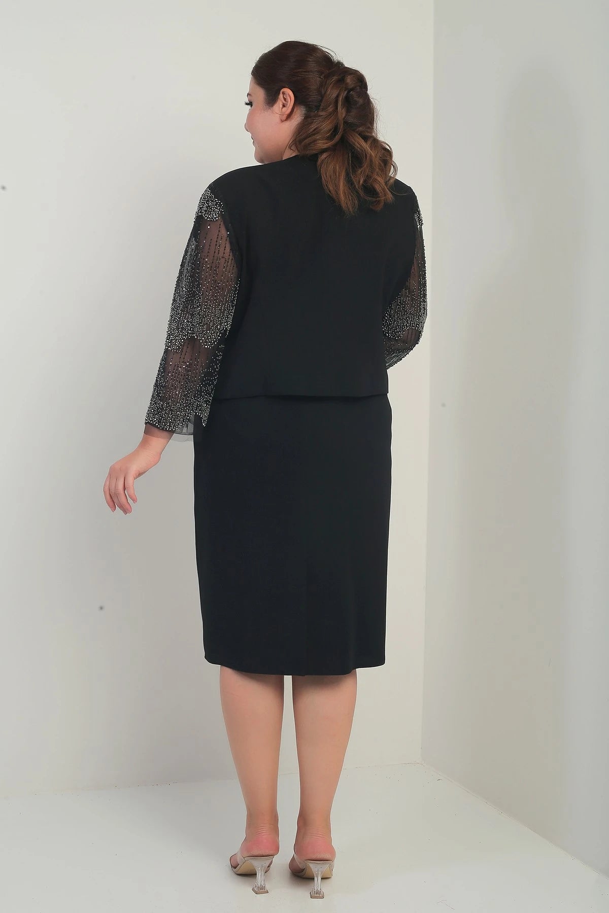 Image of Women's Wrap Neckline Draped Waist Dress with Tulle Sleeves, Lined Jacket with Sequin Details, Plus Size Two-Piece Set
