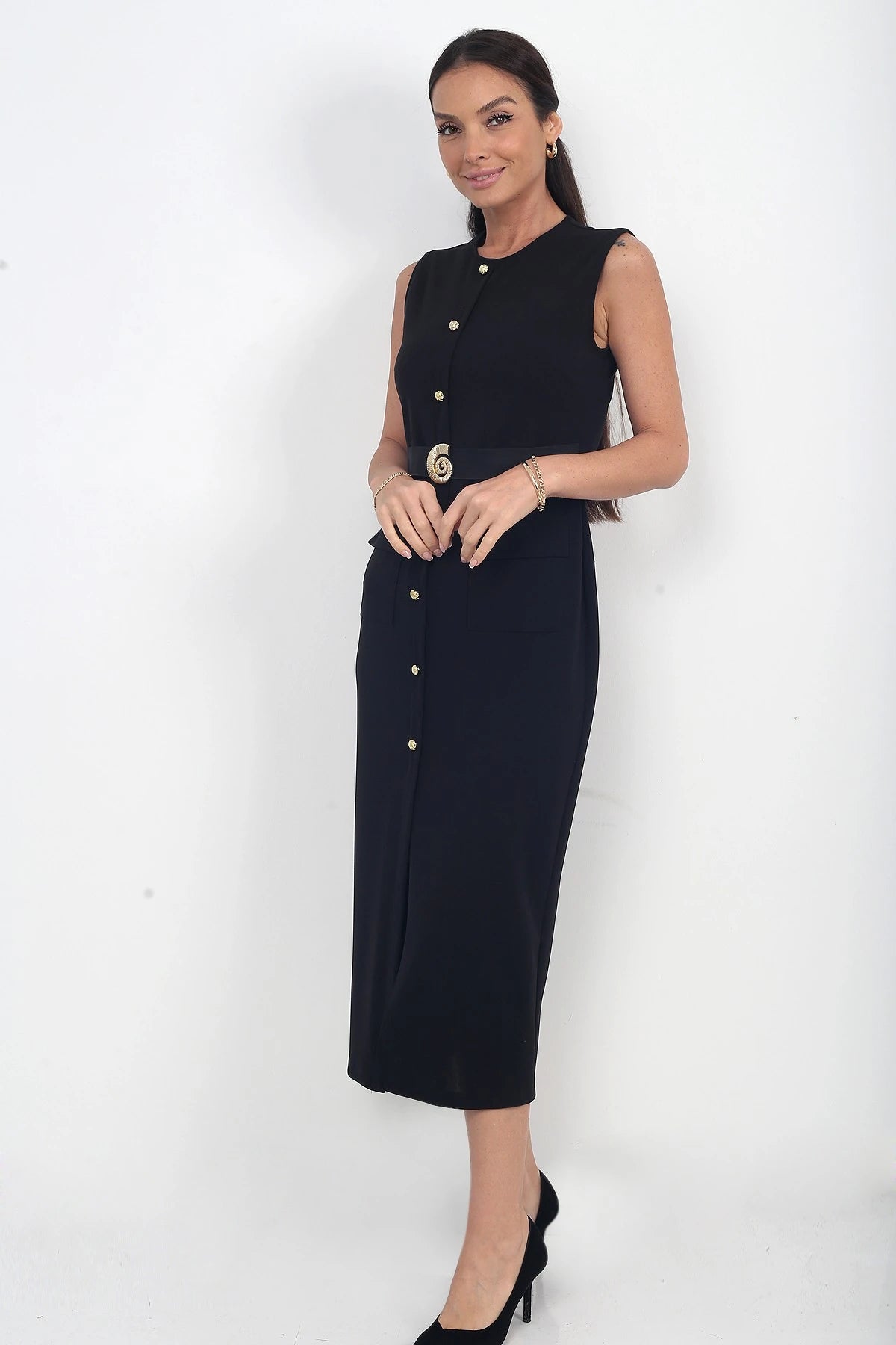 Image of Women's Crepe Midi Dress with Button Front and Pocket Detail, Slit, and Buckle Closure