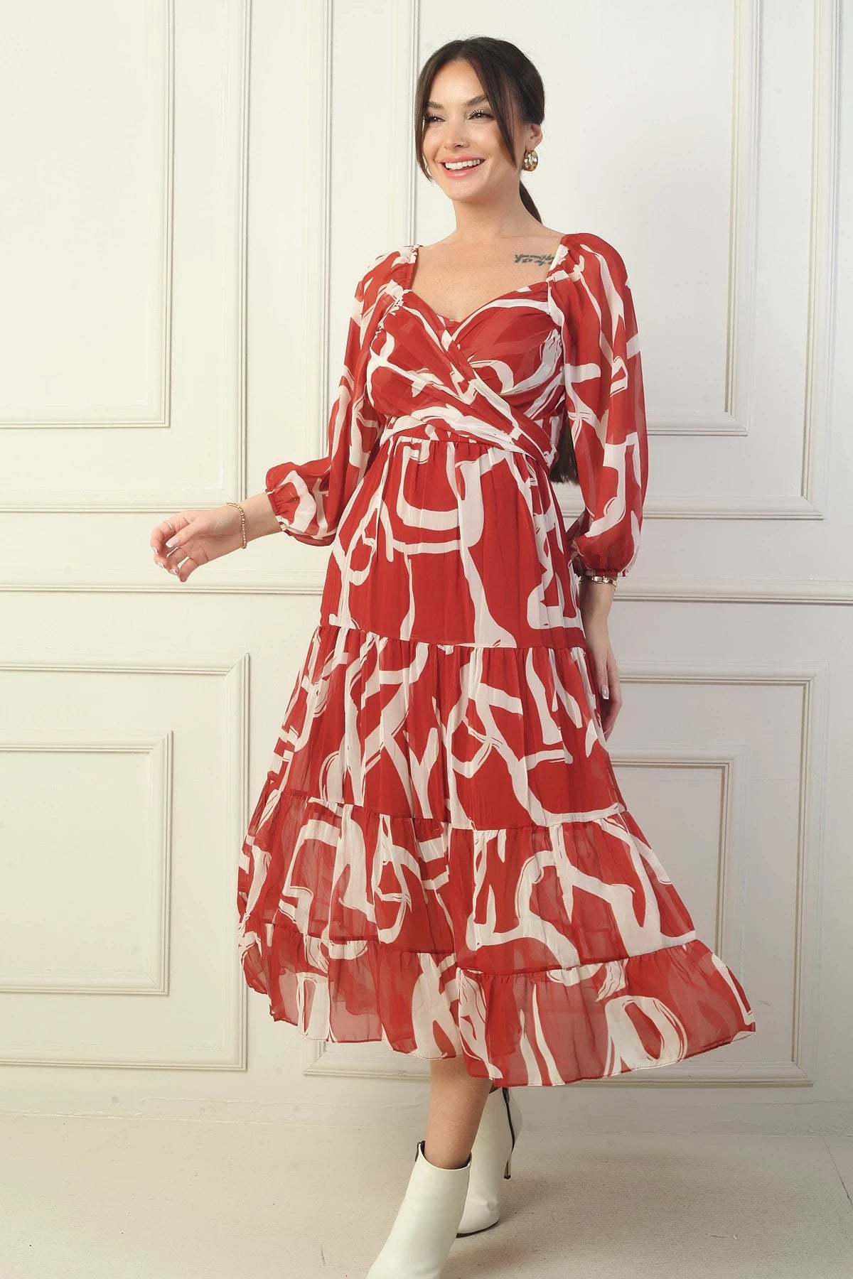 Image of Madonna Neckline Lined Cross-Tie Abstract Pattern Wrap Chiffon Dress