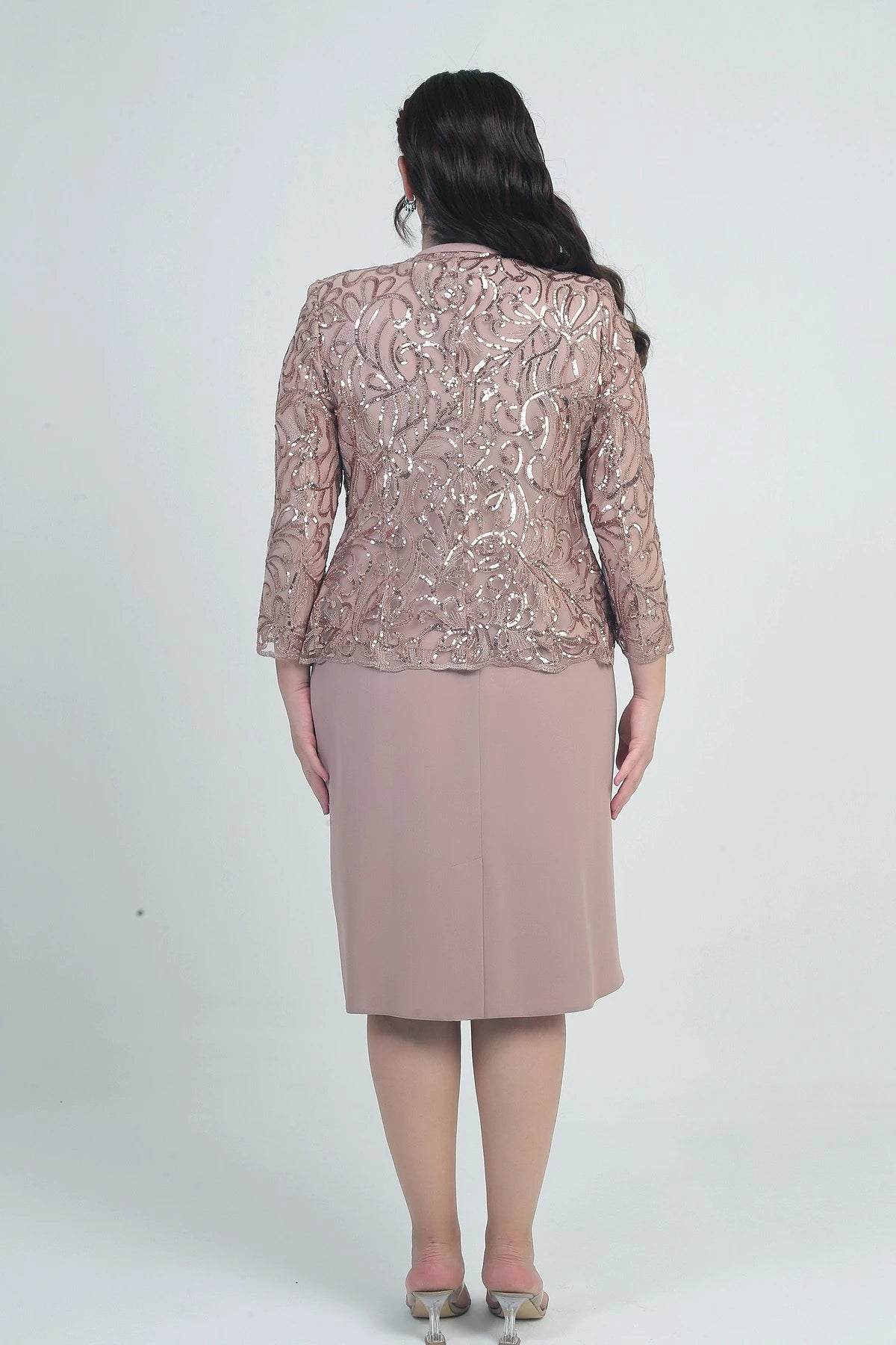 Image of Women's Sequin Embellished Beaded Tulle Jacket, Half-Moon Sleeve Short Dress, Lined Crepe, Plus Size 2-Piece Set