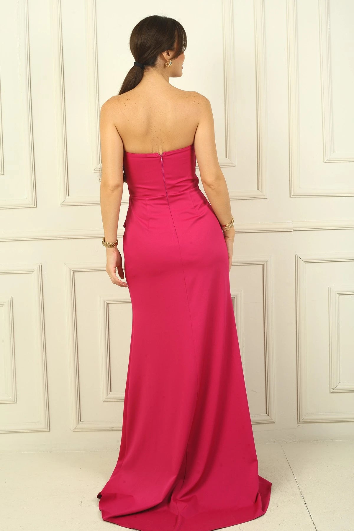 Image of Women's Strapless Front Yoke Ruched Skirt Wrap Dress with Slit