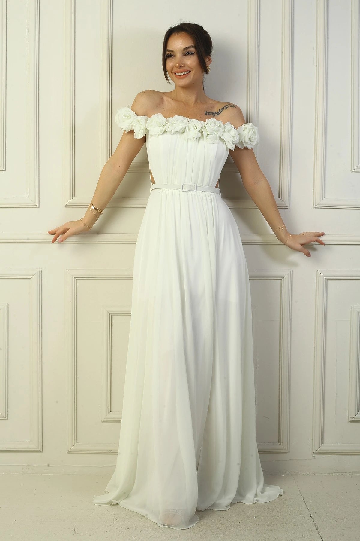 Image of Women's Long Chiffon Dress with Laser-Cut Floral Neckline and Lining, Belted Waist