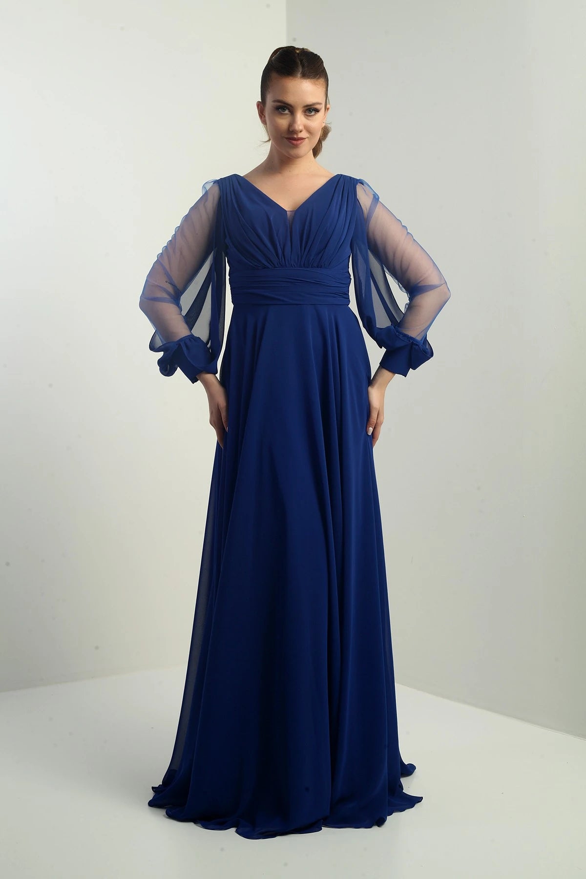 Image of Front and back V-neck, draped front, tulle sleeves, lined, wide-length chiffon dress.