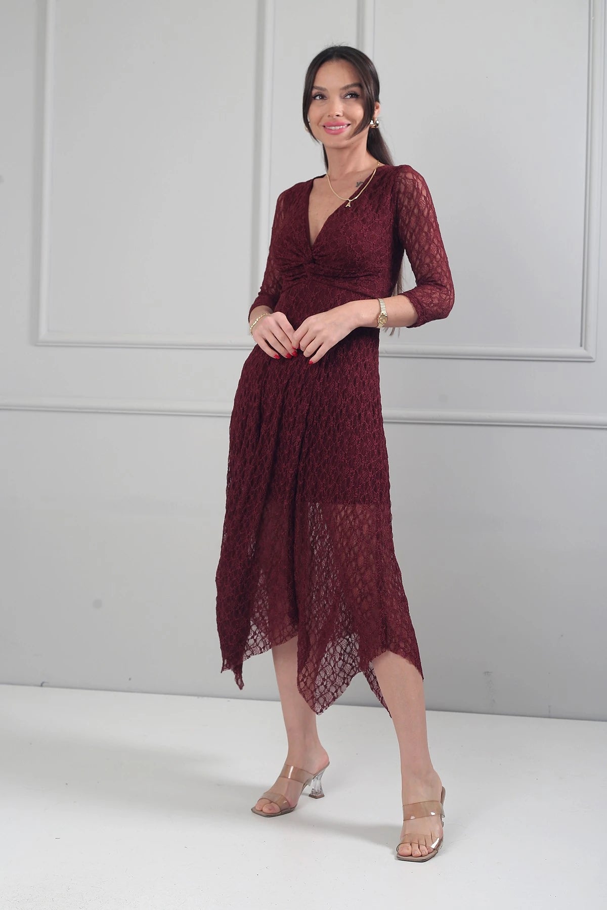 Image of Women's Asymmetrical Lace Midi Dress with Front Knot Detail and Lined Skirt